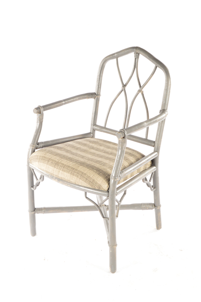 Vintage Rattan Upholstered Accent Arm Chairs