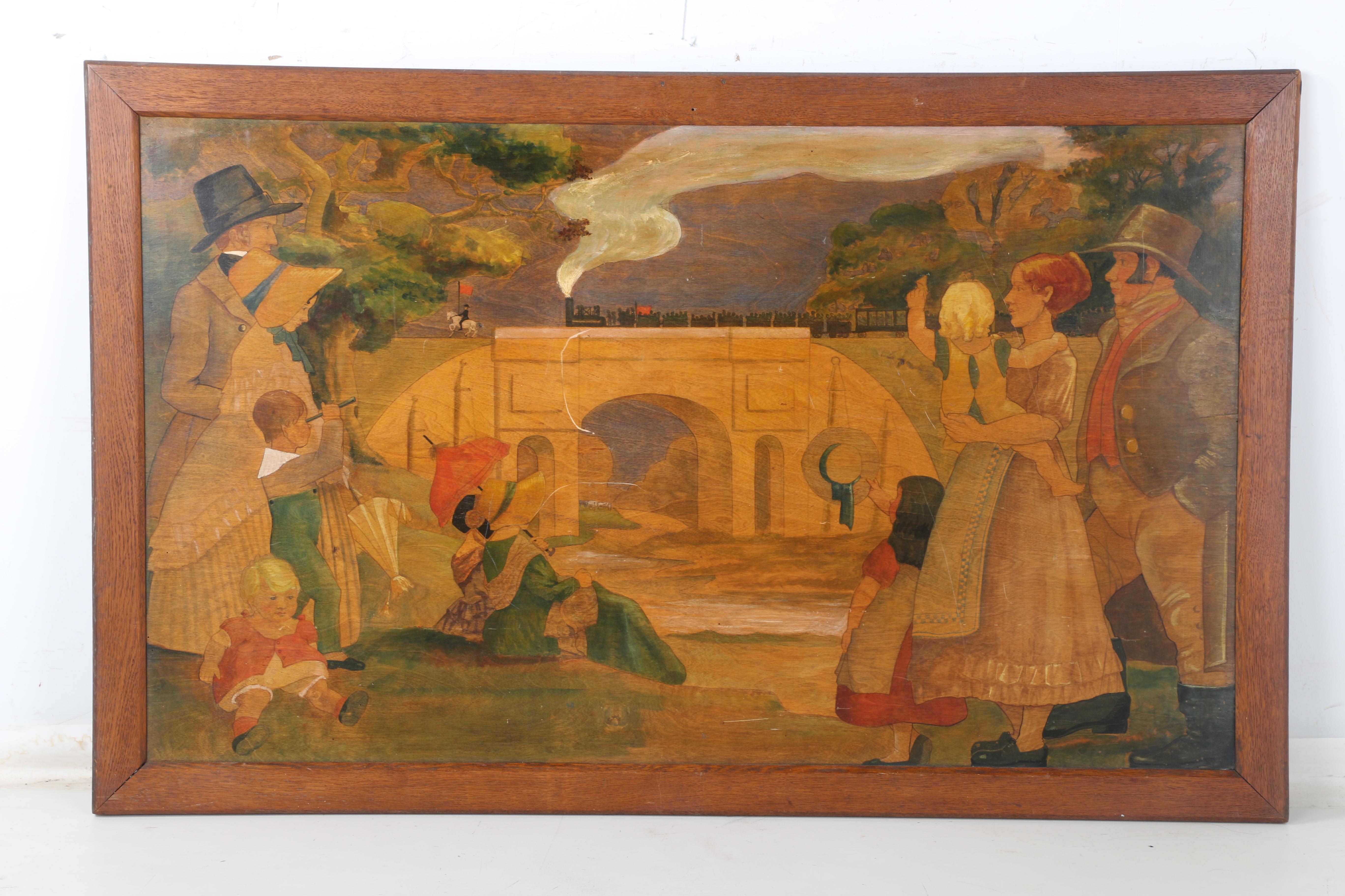 Watercolor Painting on Board of Mid 19th-Century Train Scene