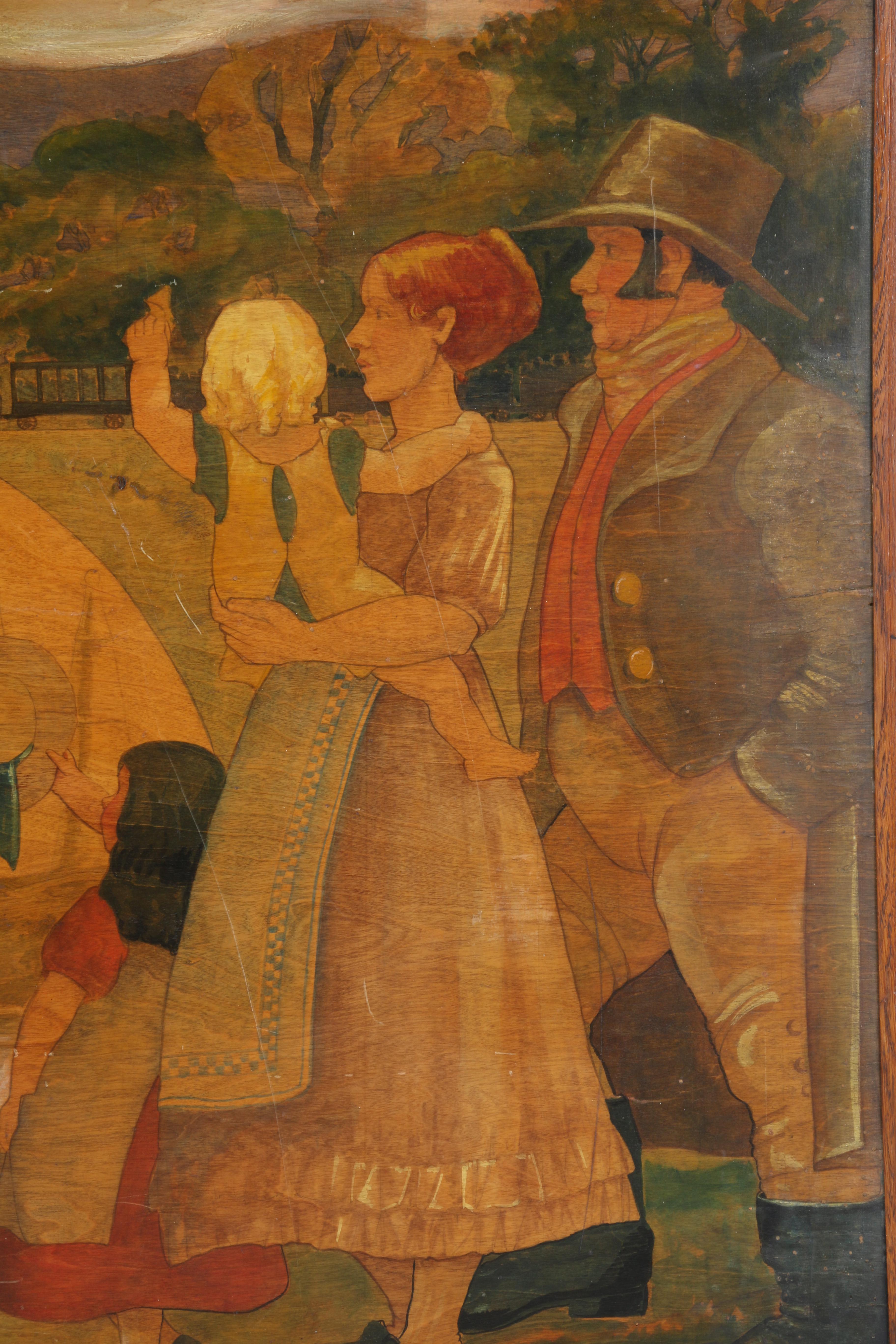 Watercolor Painting on Board of Mid 19th-Century Train Scene