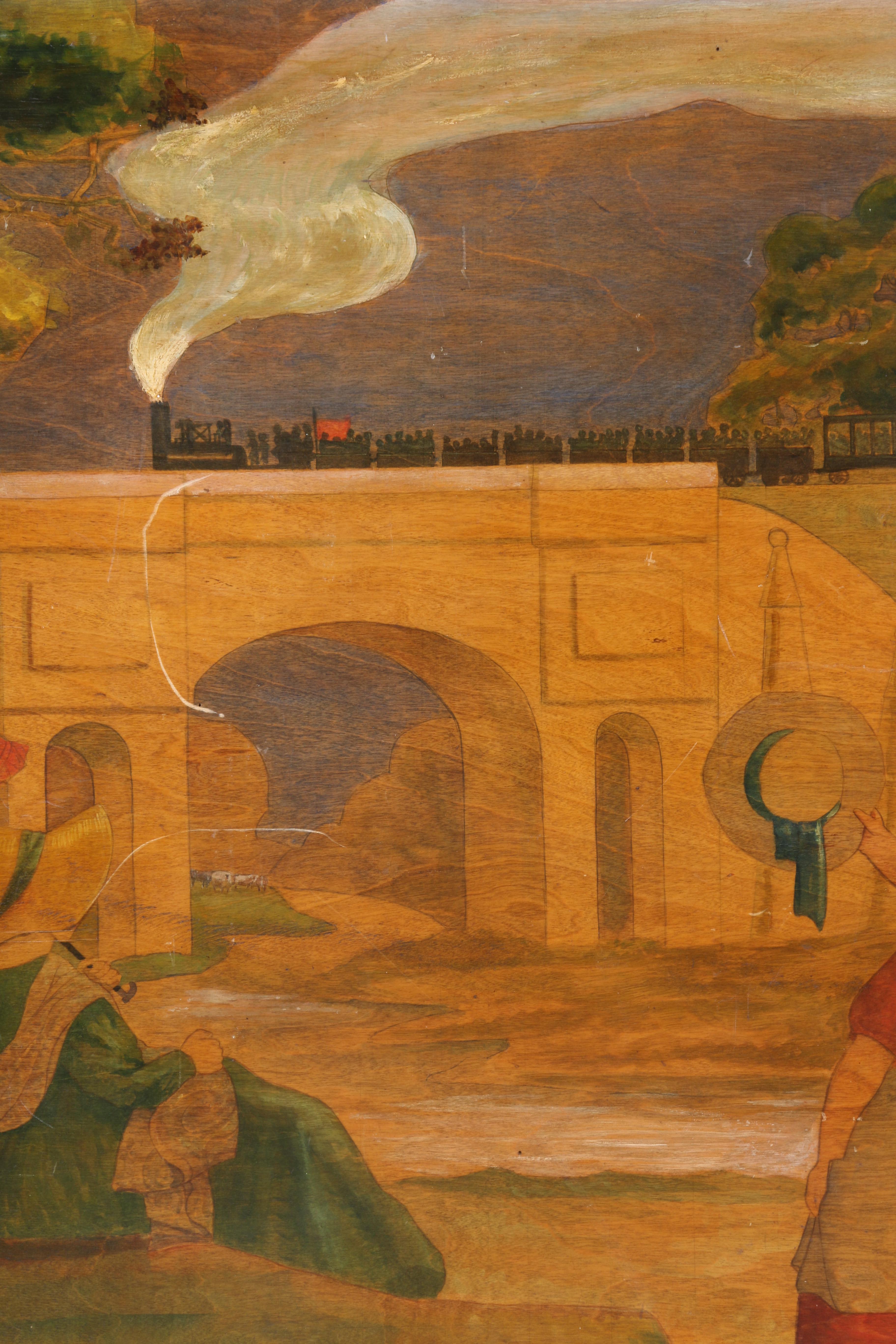 Watercolor Painting on Board of Mid 19th-Century Train Scene