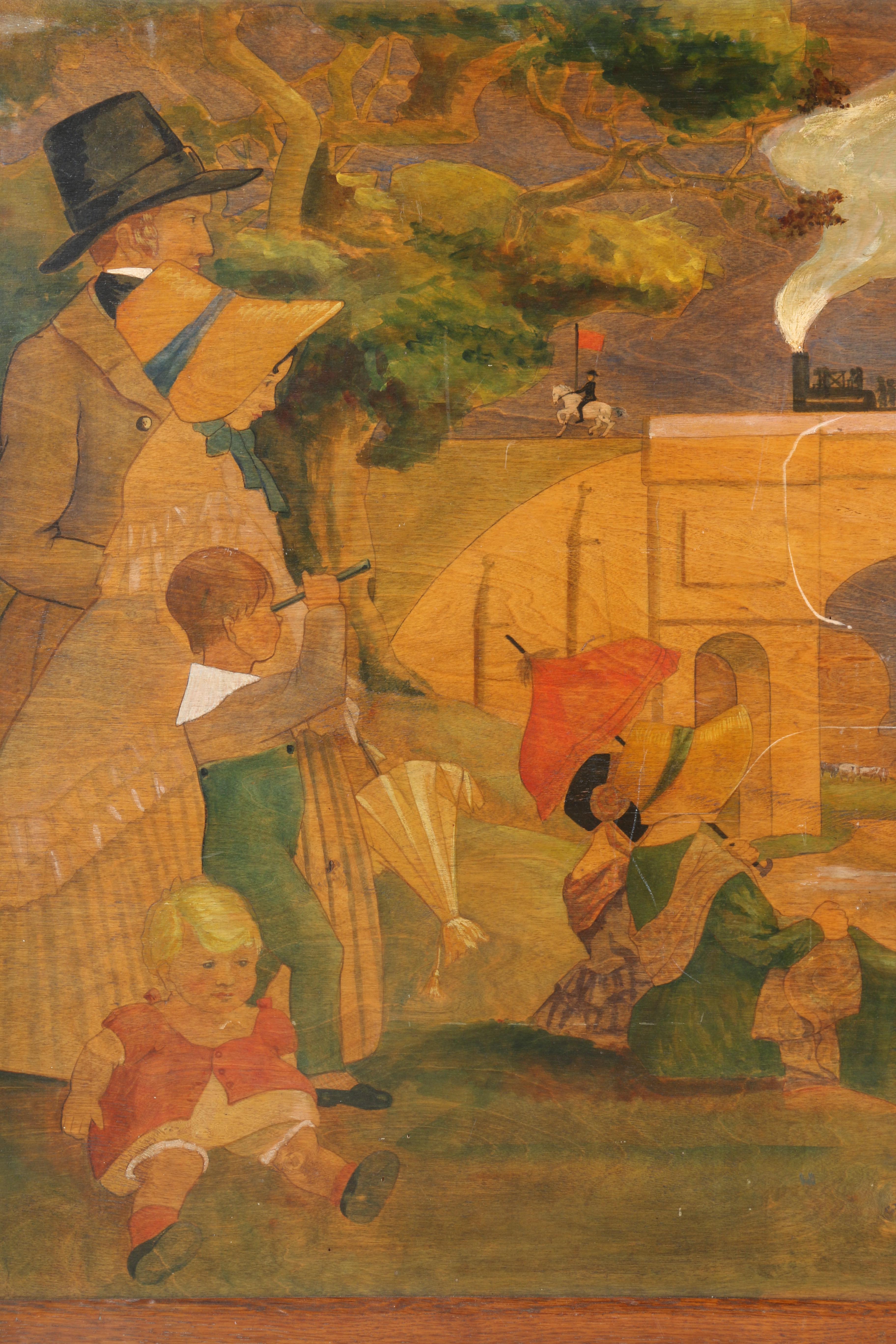 Watercolor Painting on Board of Mid 19th-Century Train Scene