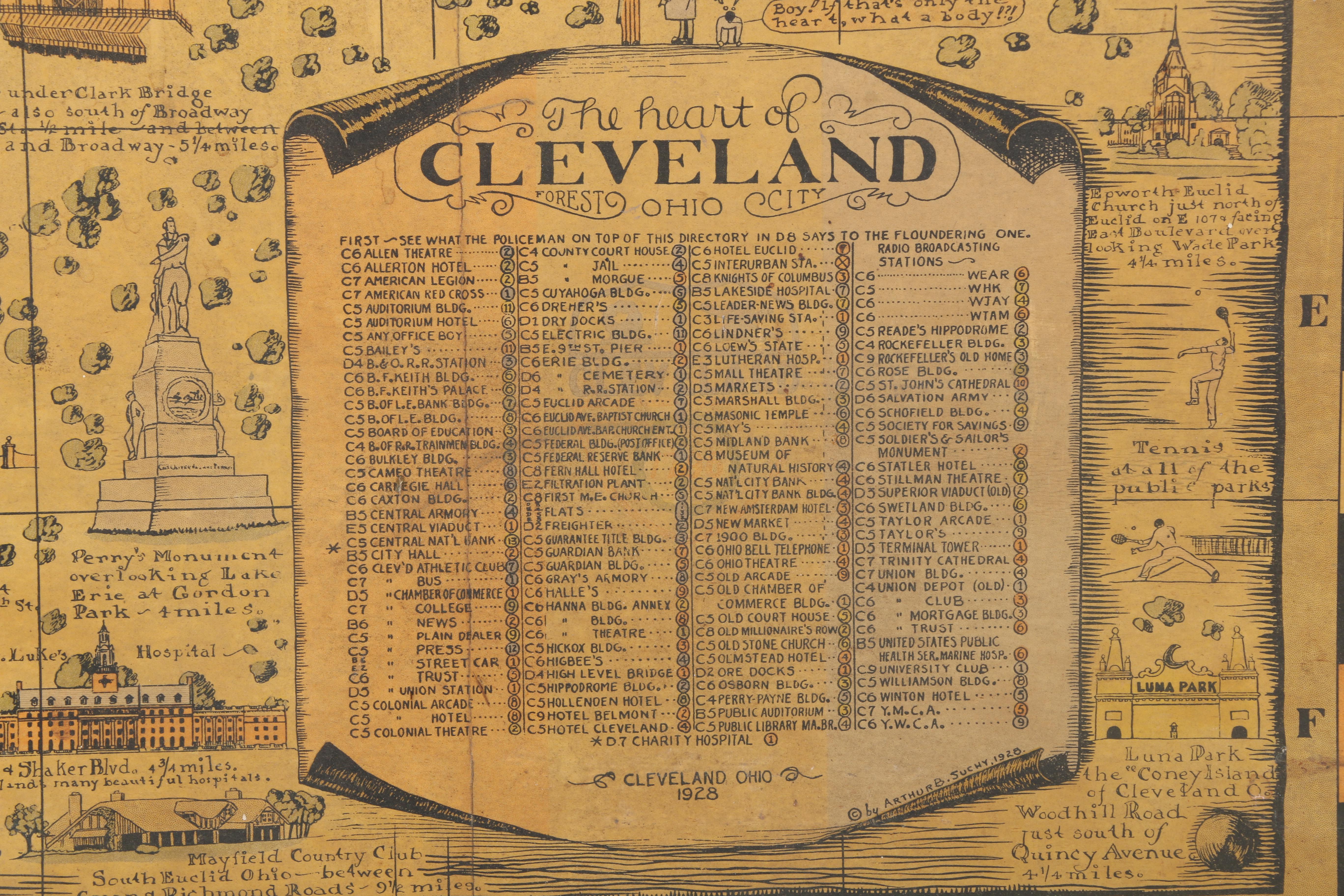 Arthur B. Suchy 1928 Lithograph Map "The Heart of Cleveland, Ohio, Forest City"