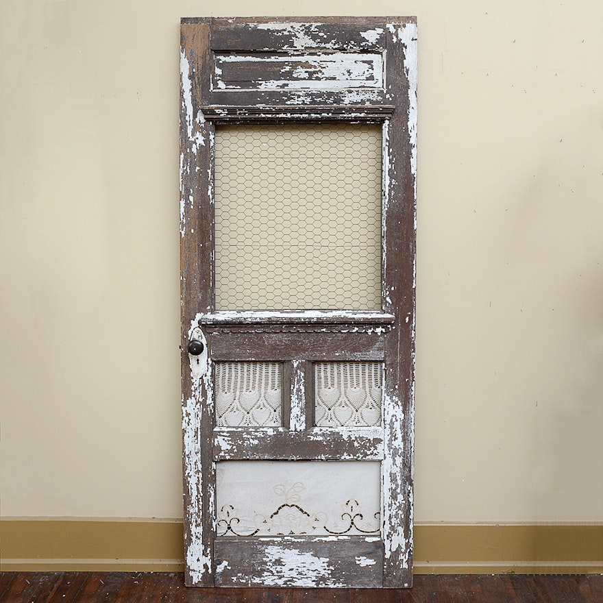 Antique Wood Door Frame with Lace Curtains