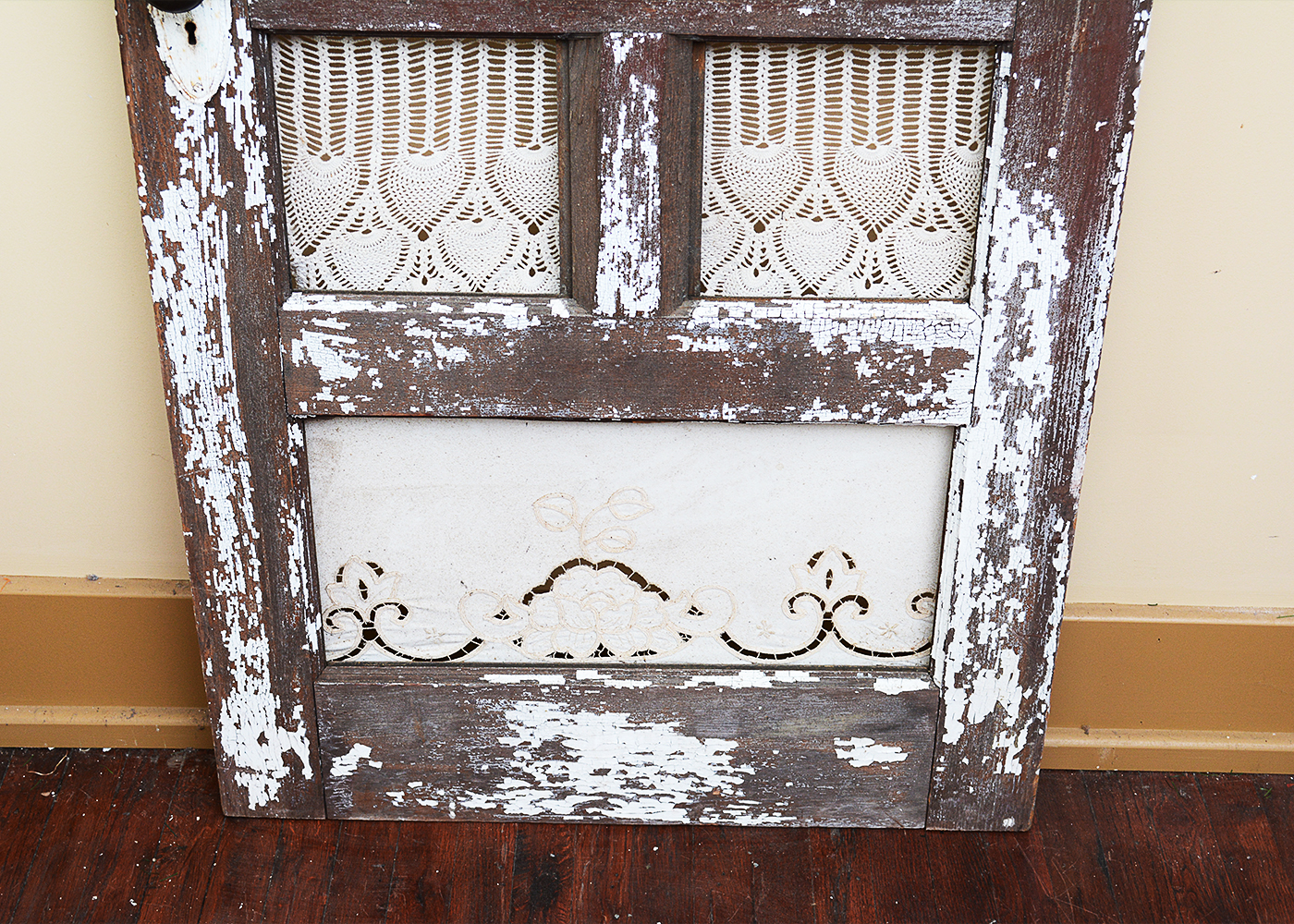 Antique Wood Door Frame with Lace Curtains