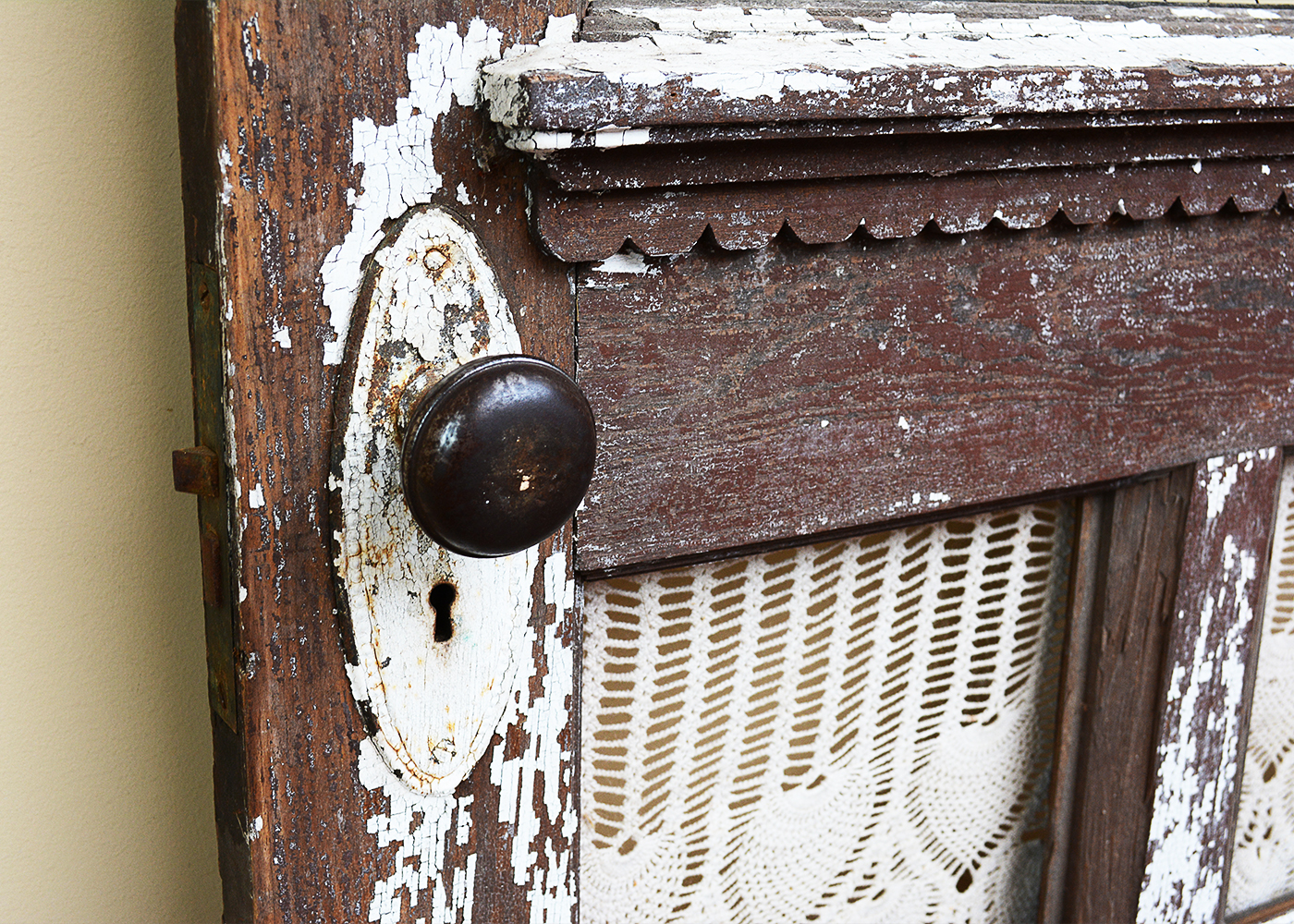 Antique Wood Door Frame with Lace Curtains