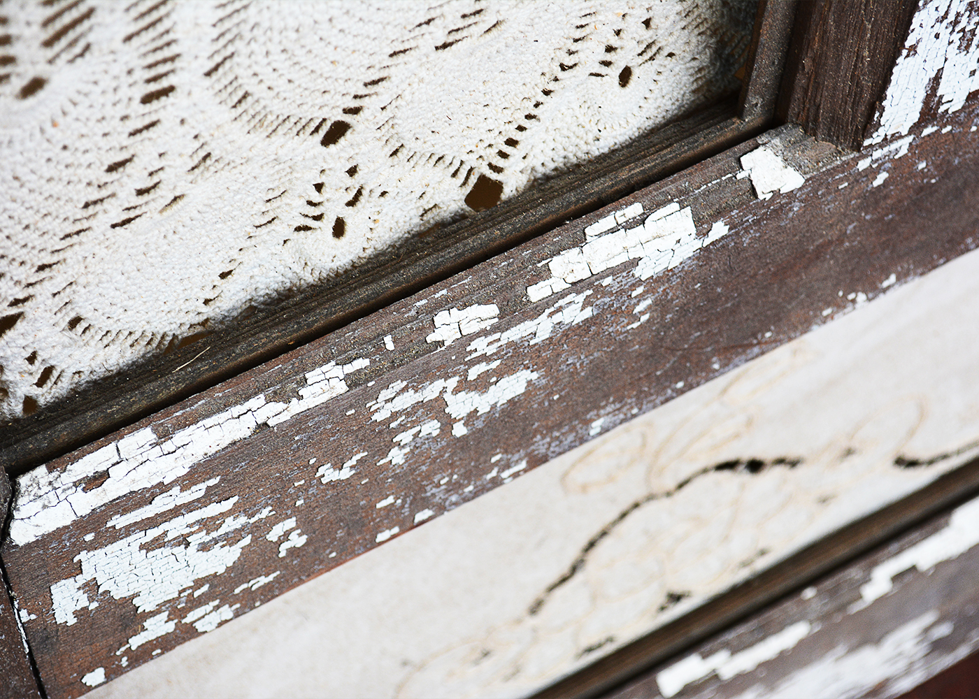 Antique Wood Door Frame with Lace Curtains