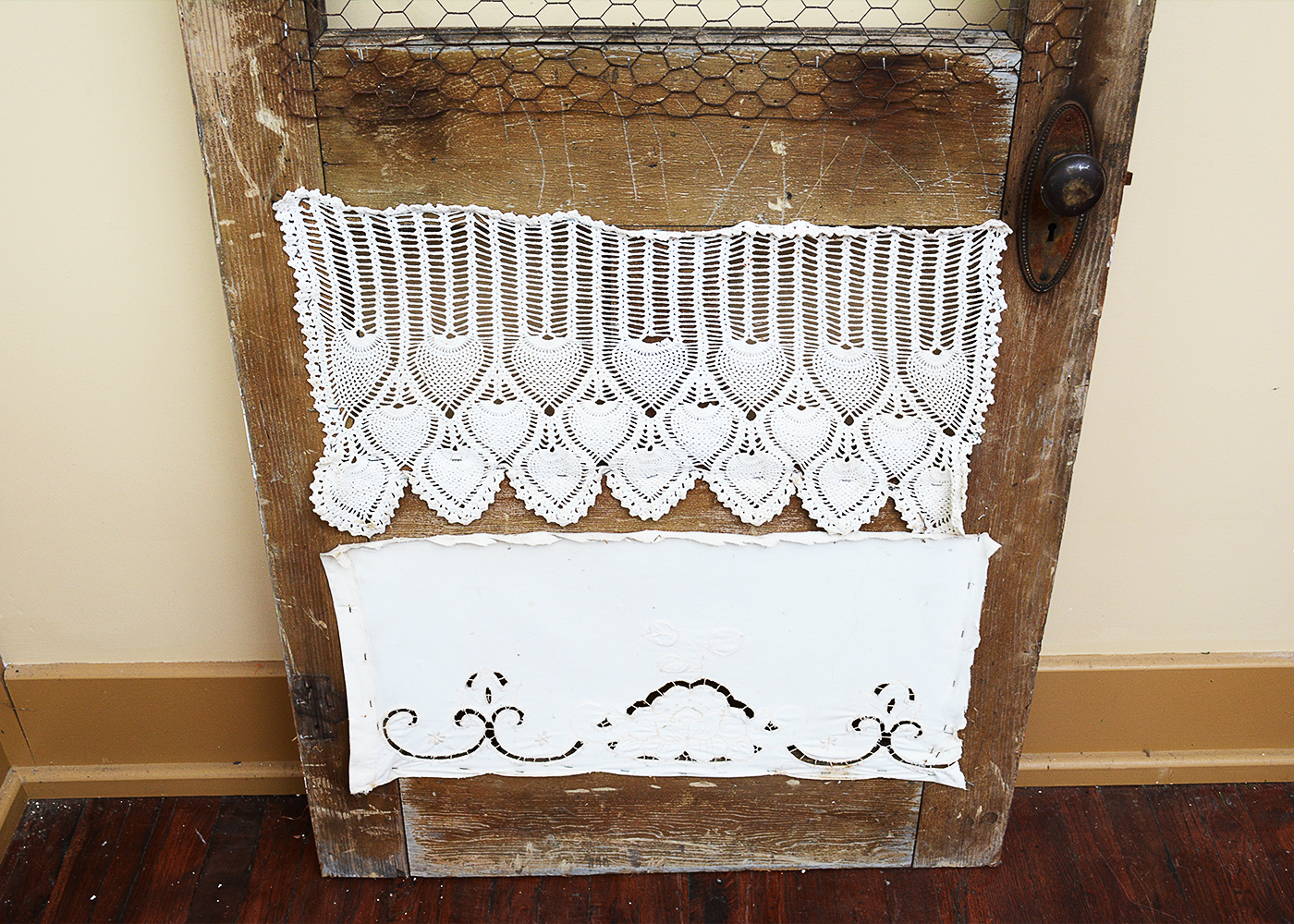 Antique Wood Door Frame with Lace Curtains