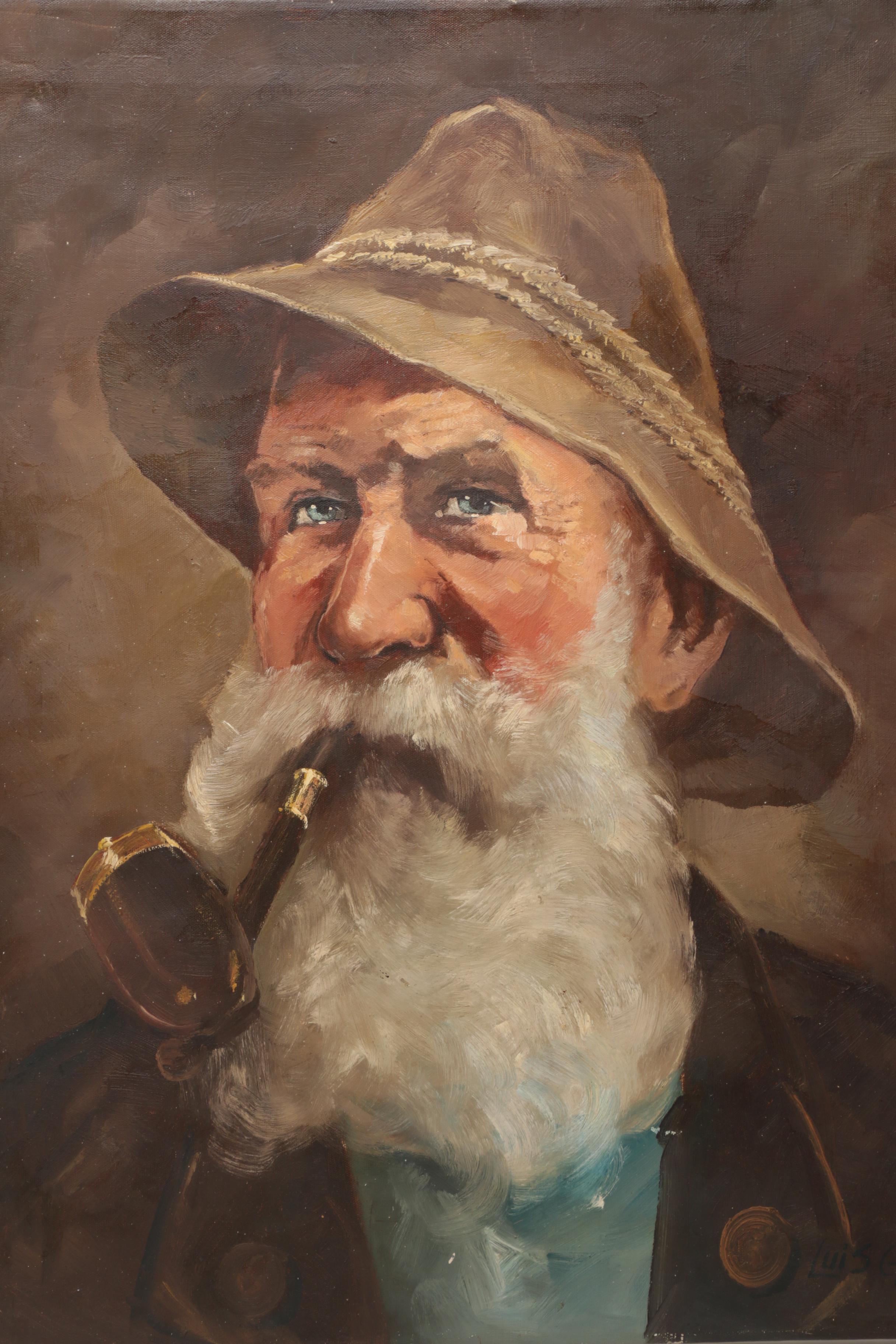 Luis Goll Oil on Canvas Portrait of Bearded Man Smoking a Pipe
