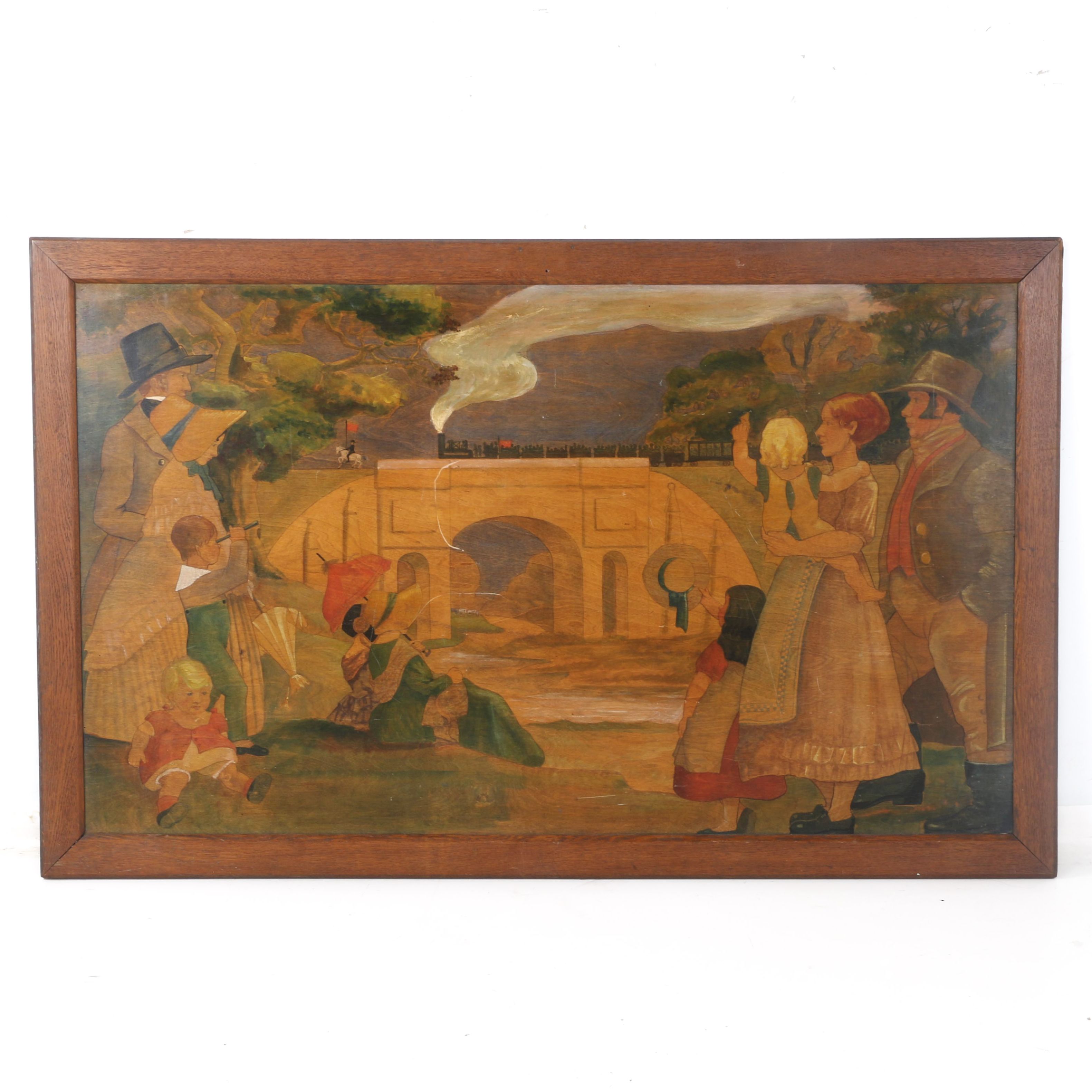 Watercolor Painting on Board of Mid 19th-Century Train Scene