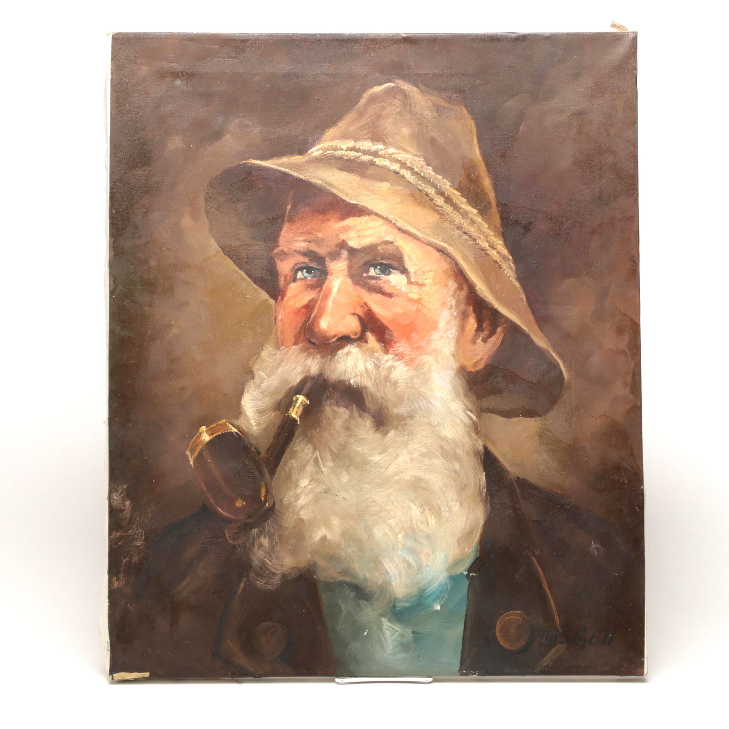 Luis Goll Oil on Canvas Portrait of Bearded Man Smoking a Pipe