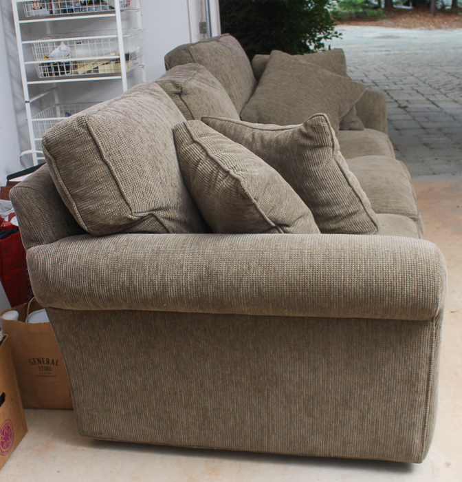 Crate & Barrel Olive Green Tweed Upholstered Sofa