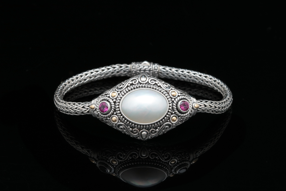 Robert Manse Sterling Silver, 18K Gold, Pearl and Rhodolite Bracelet