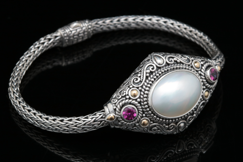Robert Manse Sterling Silver, 18K Gold, Pearl and Rhodolite Bracelet