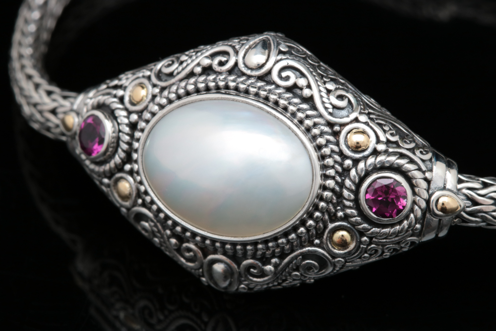 Robert Manse Sterling Silver, 18K Gold, Pearl and Rhodolite Bracelet