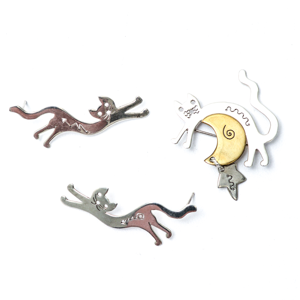 Sterling Silver and Brass Cat Themed Jewelry Set