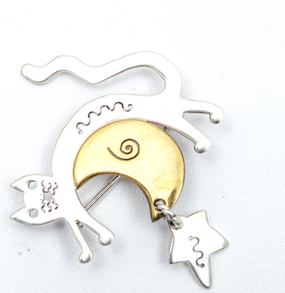 Sterling Silver and Brass Cat Themed Jewelry Set