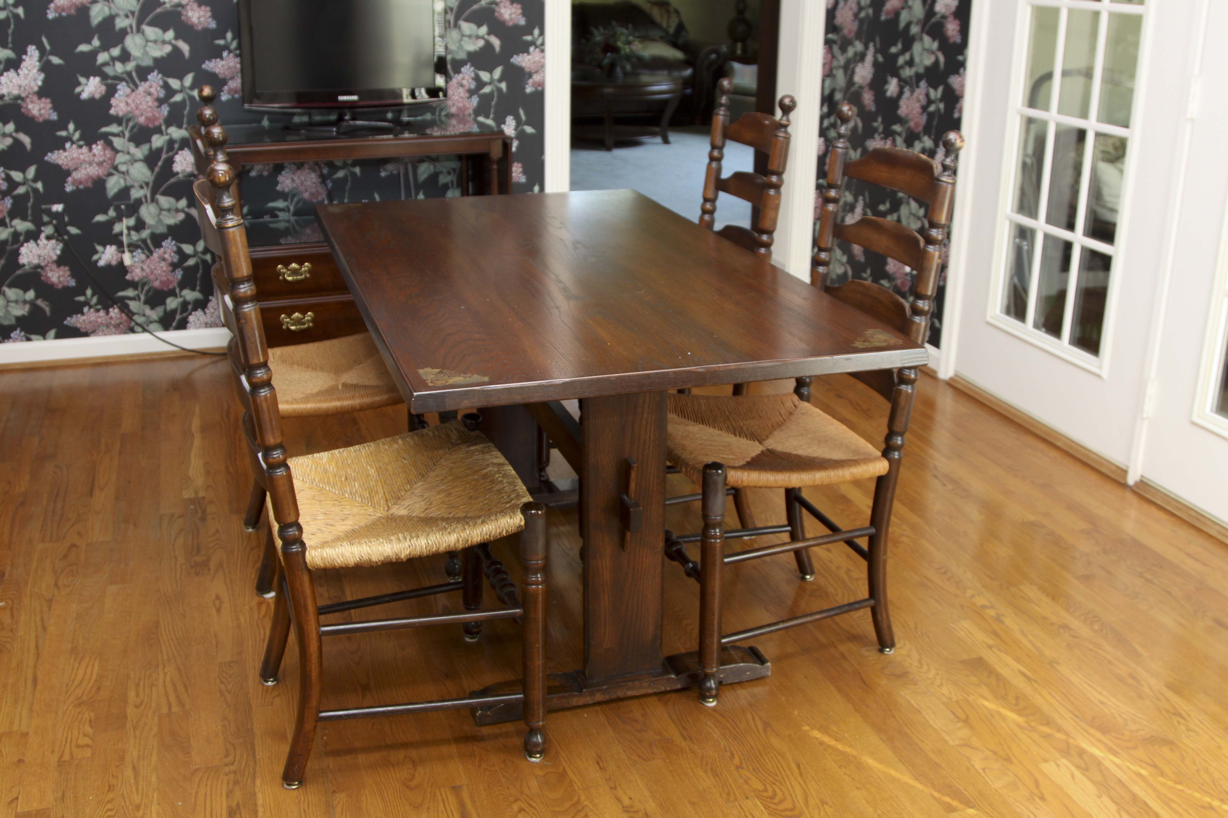 Vintage Trestle Table and Four Ladderback Chairs.
