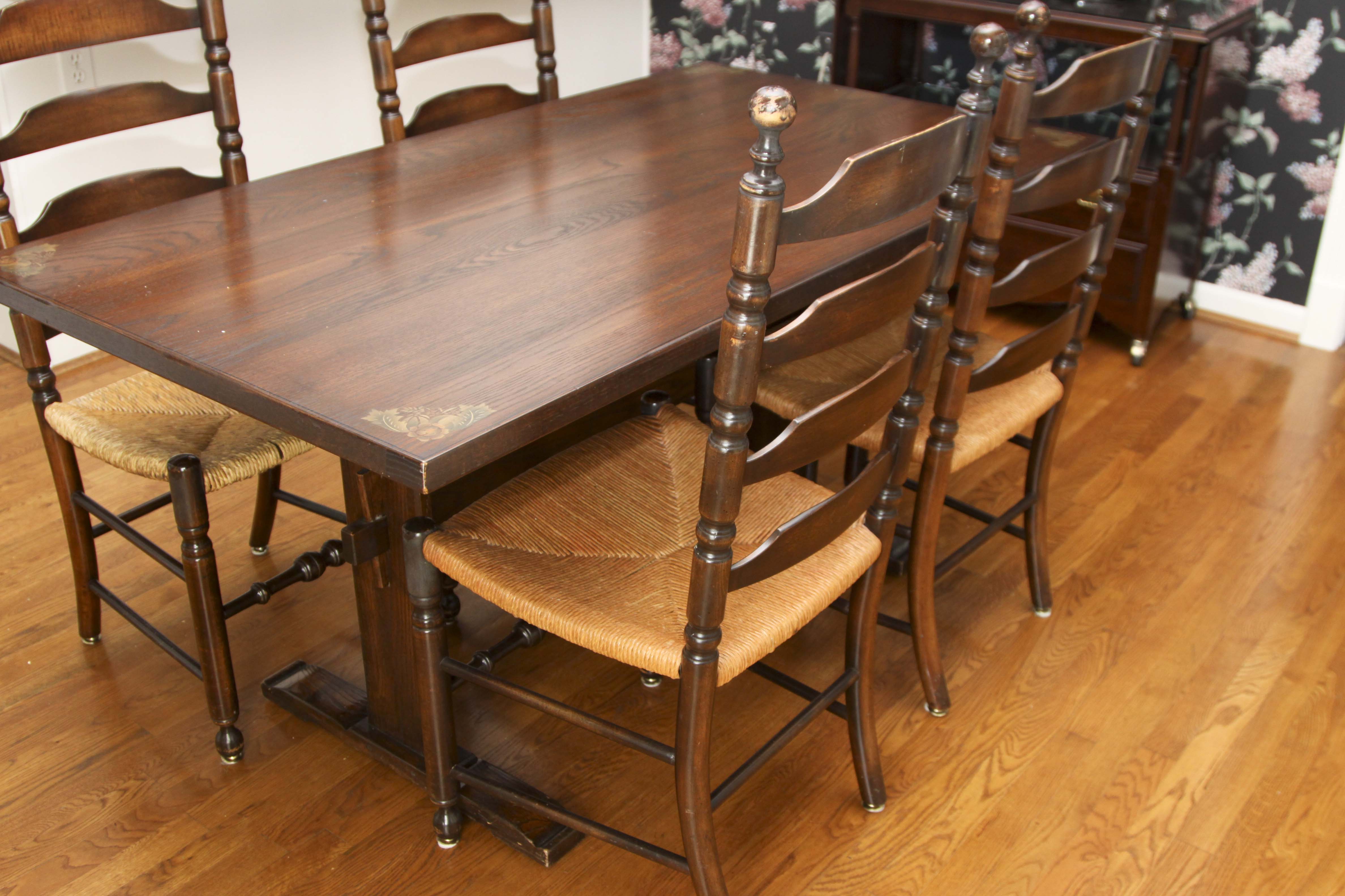 Vintage Trestle Table and Four Ladderback Chairs.