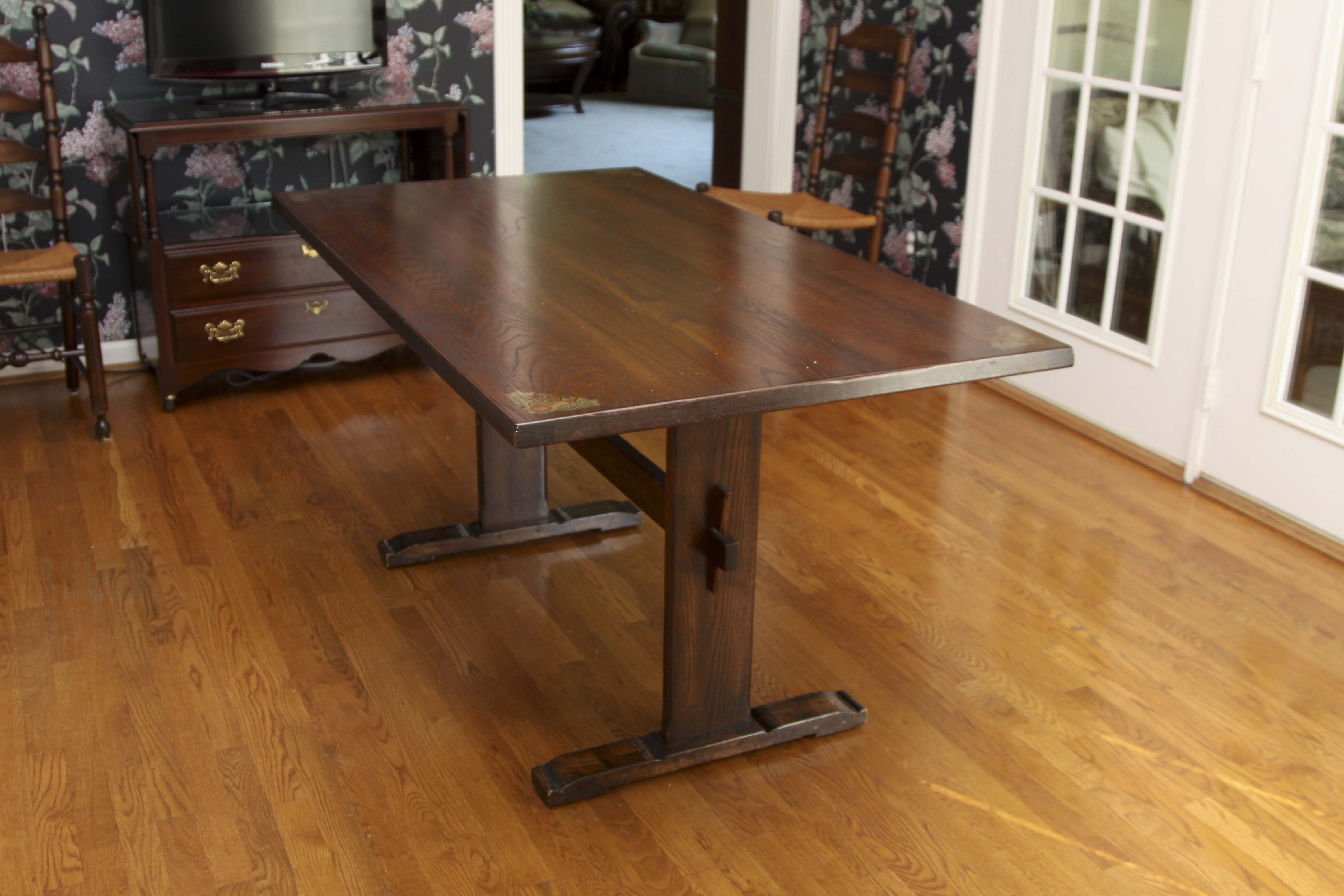 Vintage Trestle Table and Four Ladderback Chairs.