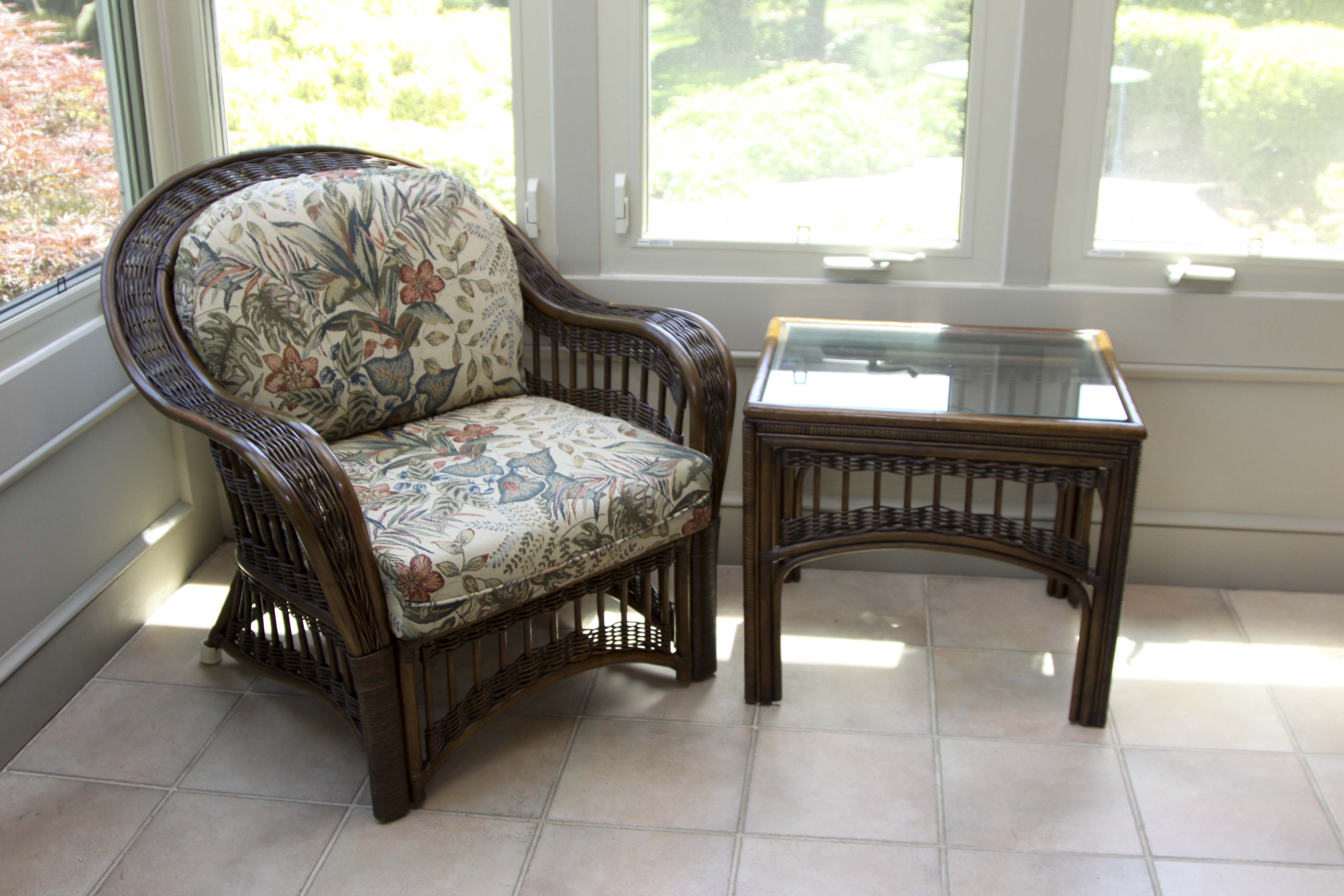 Wicker Arm Chair and Glass Top Side Table