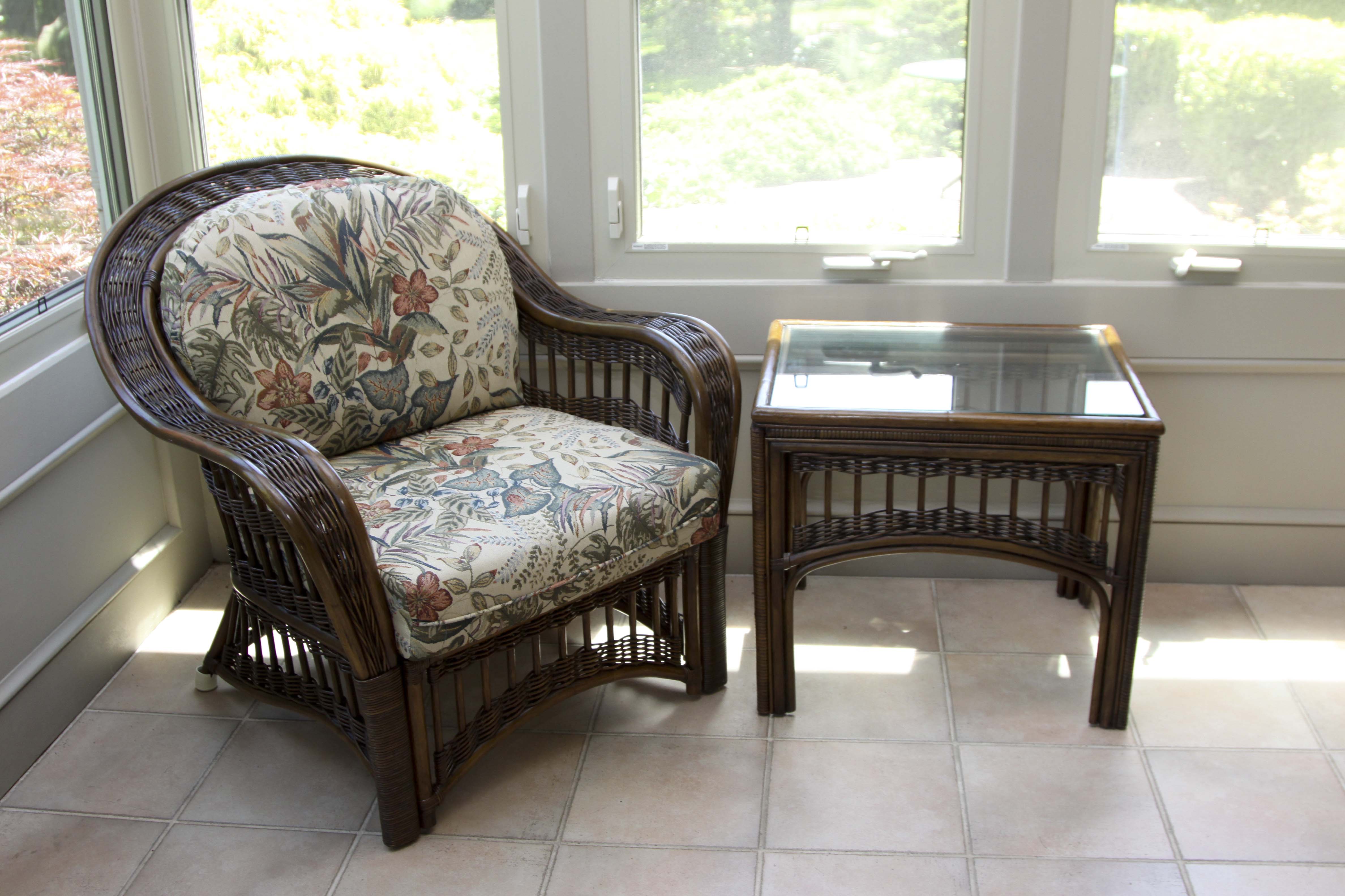 Wicker Arm Chair and Glass Top Side Table