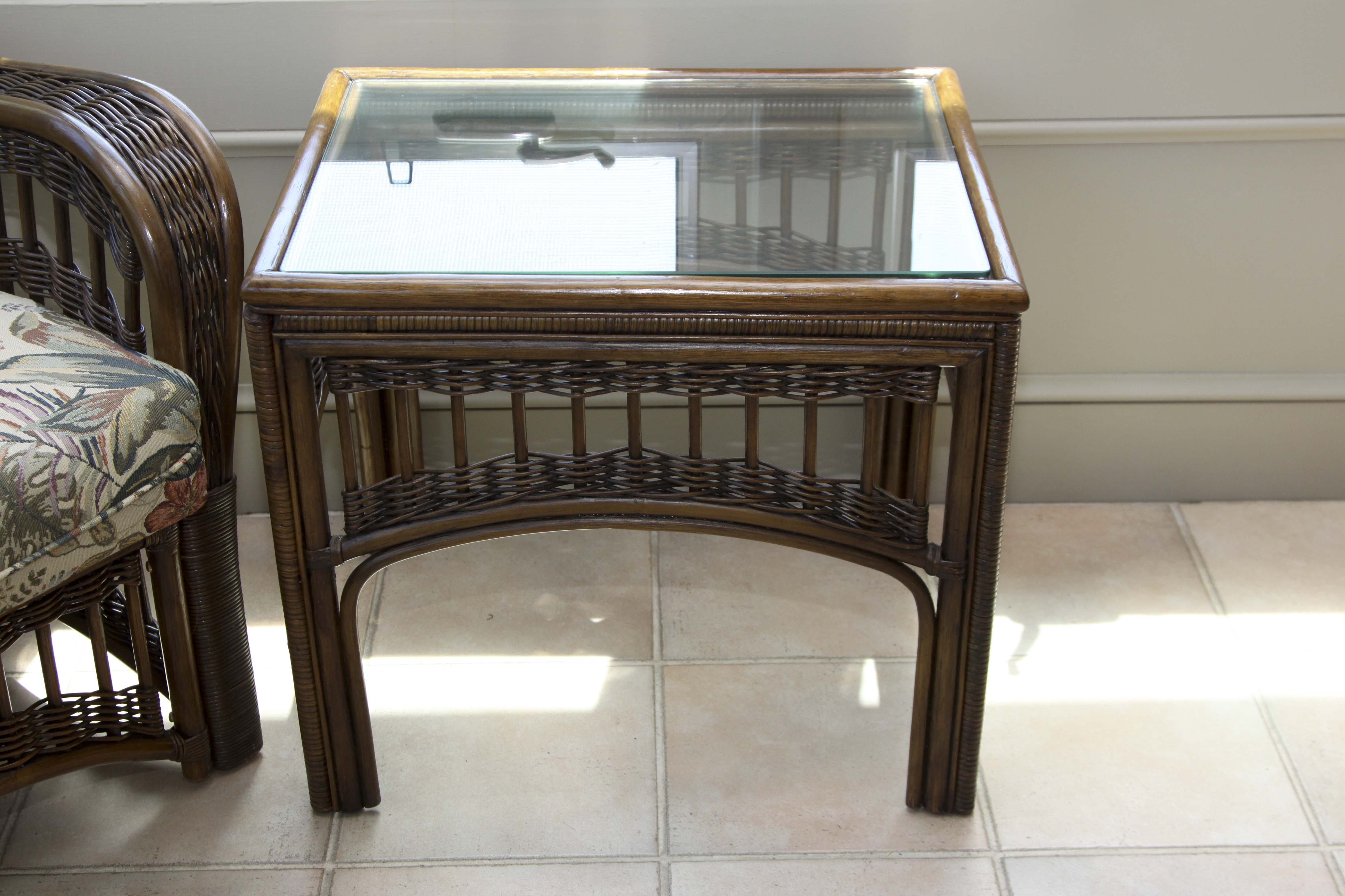 Wicker Arm Chair and Glass Top Side Table