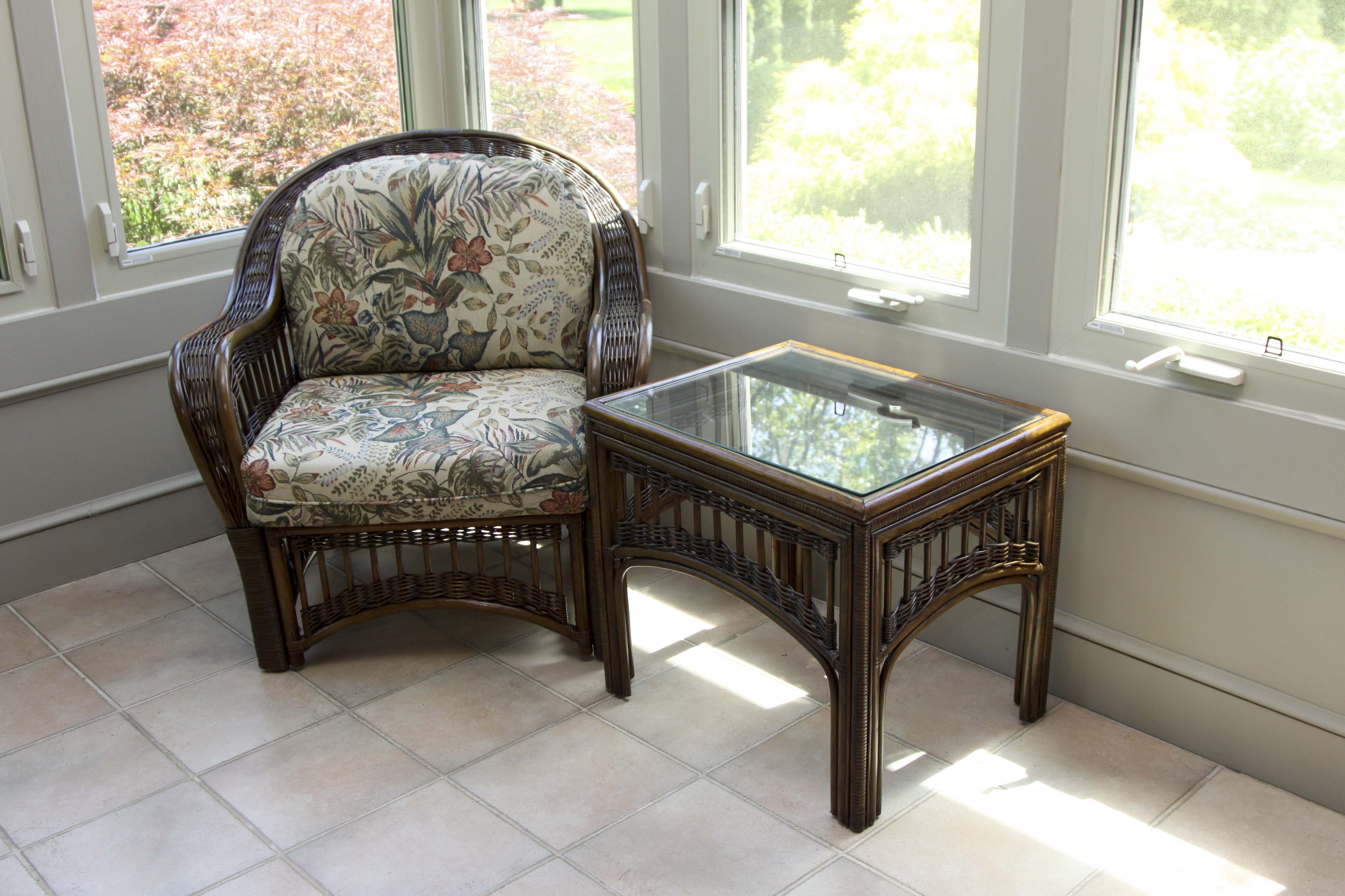 Wicker Arm Chair and Glass Top Side Table