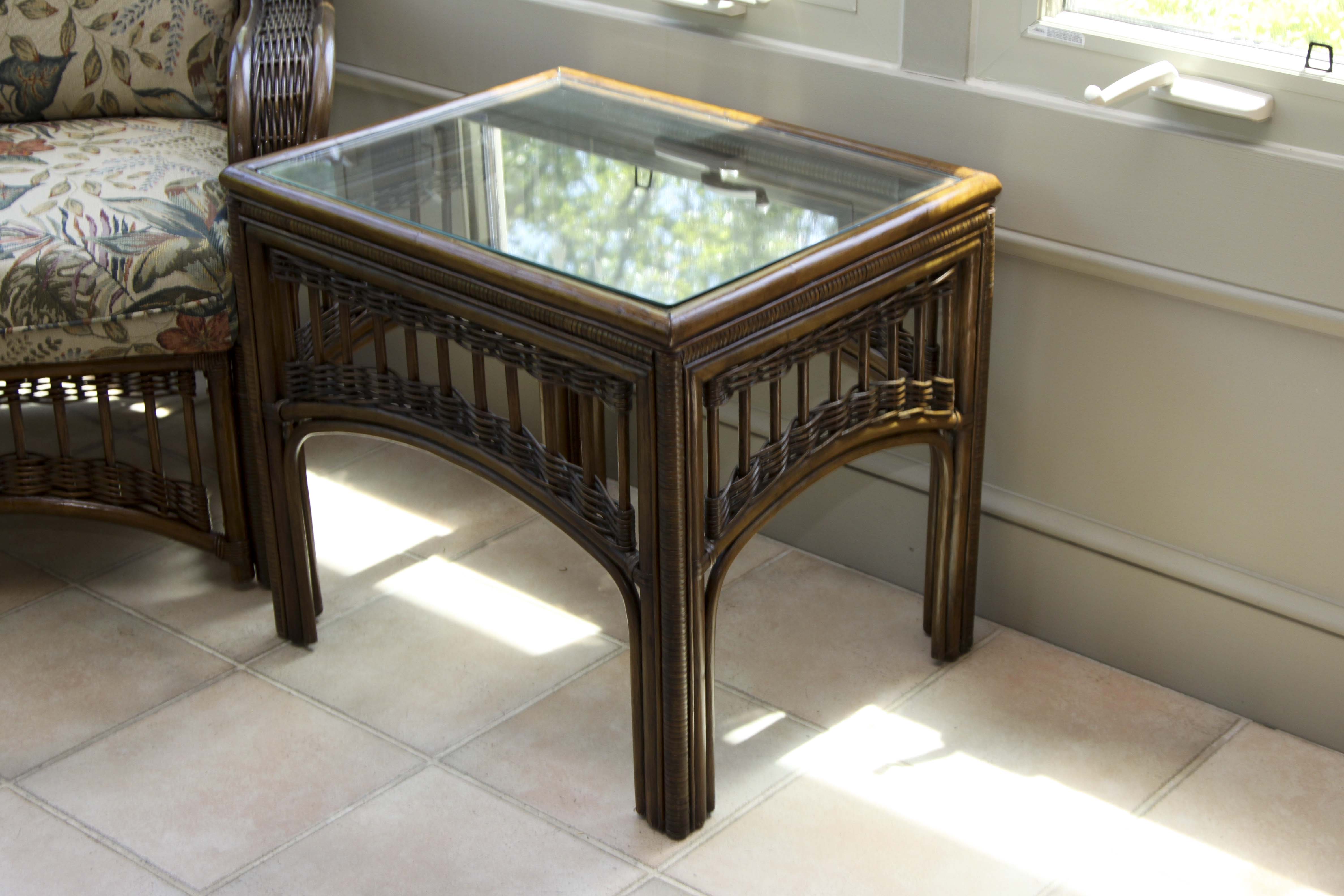 Wicker Arm Chair and Glass Top Side Table