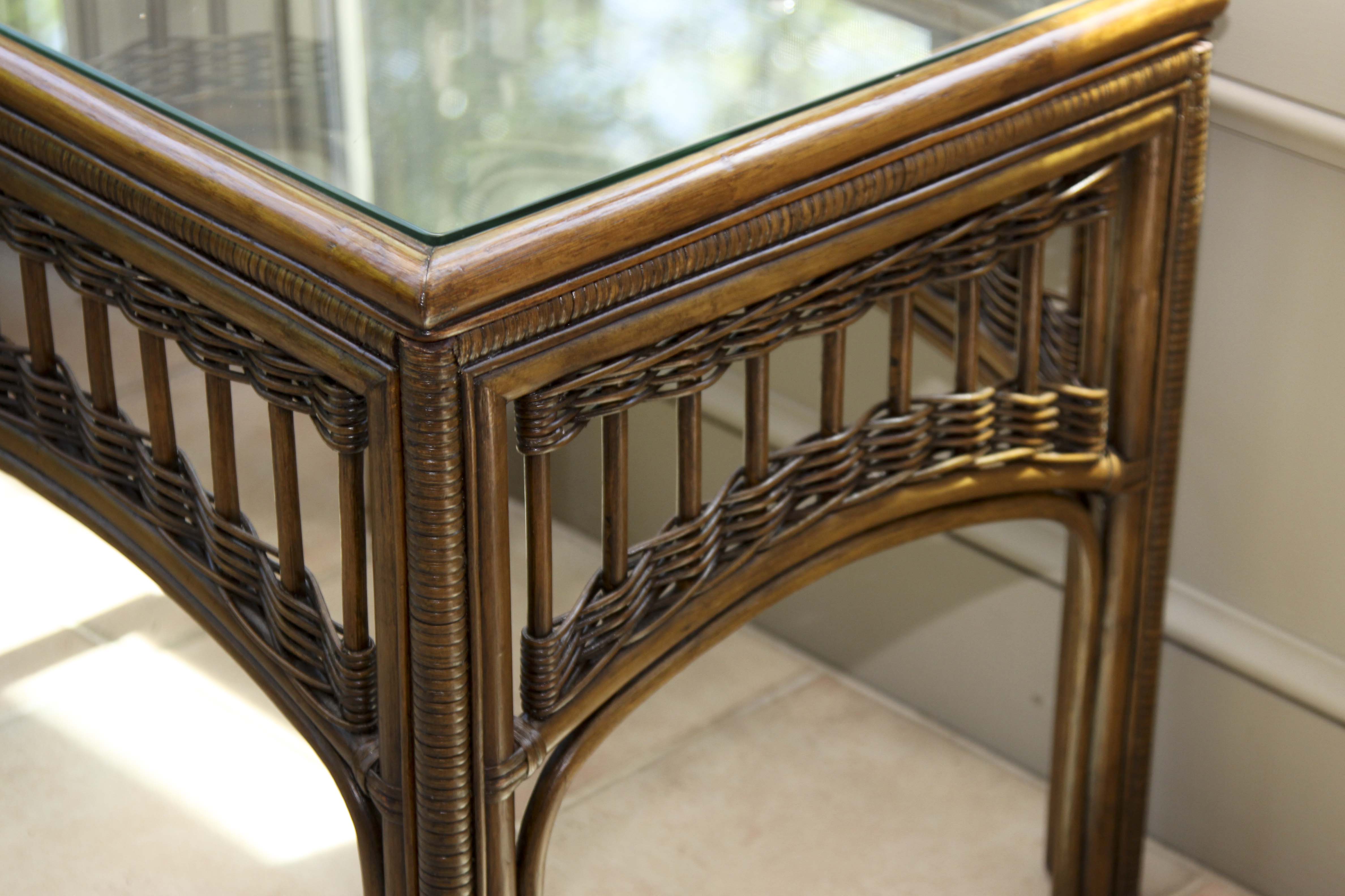 Wicker Arm Chair and Glass Top Side Table