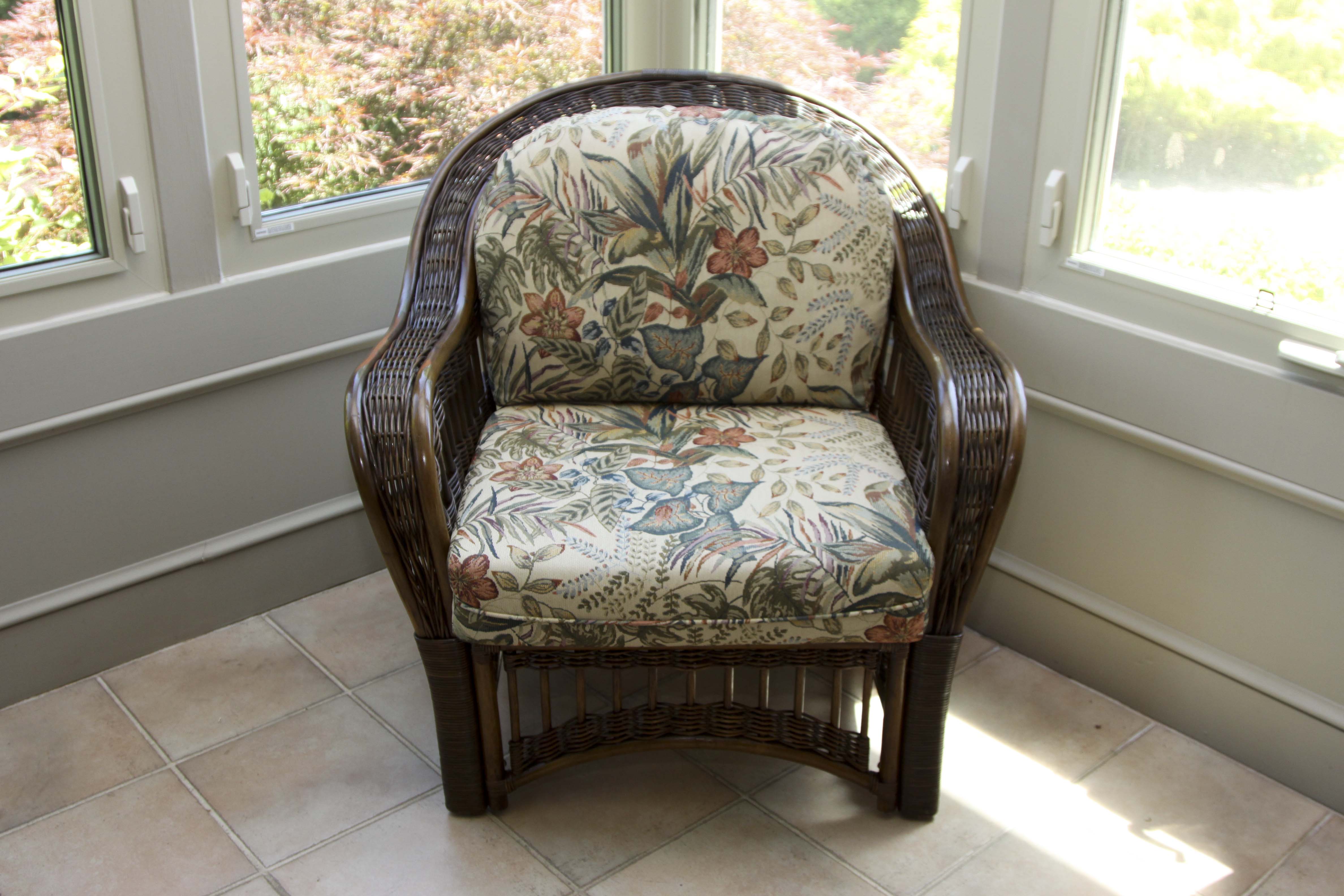 Wicker Arm Chair and Glass Top Side Table