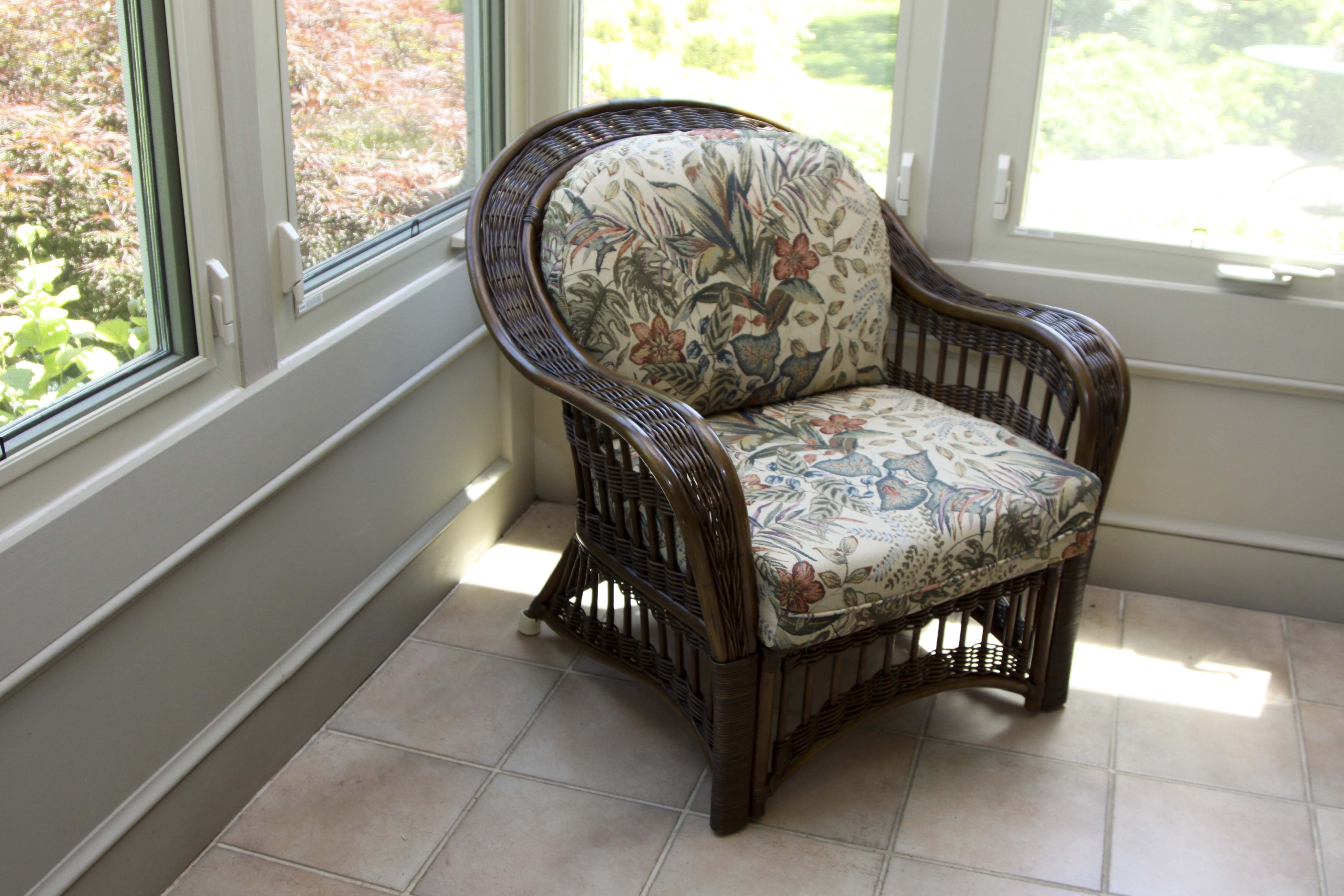 Wicker Arm Chair and Glass Top Side Table