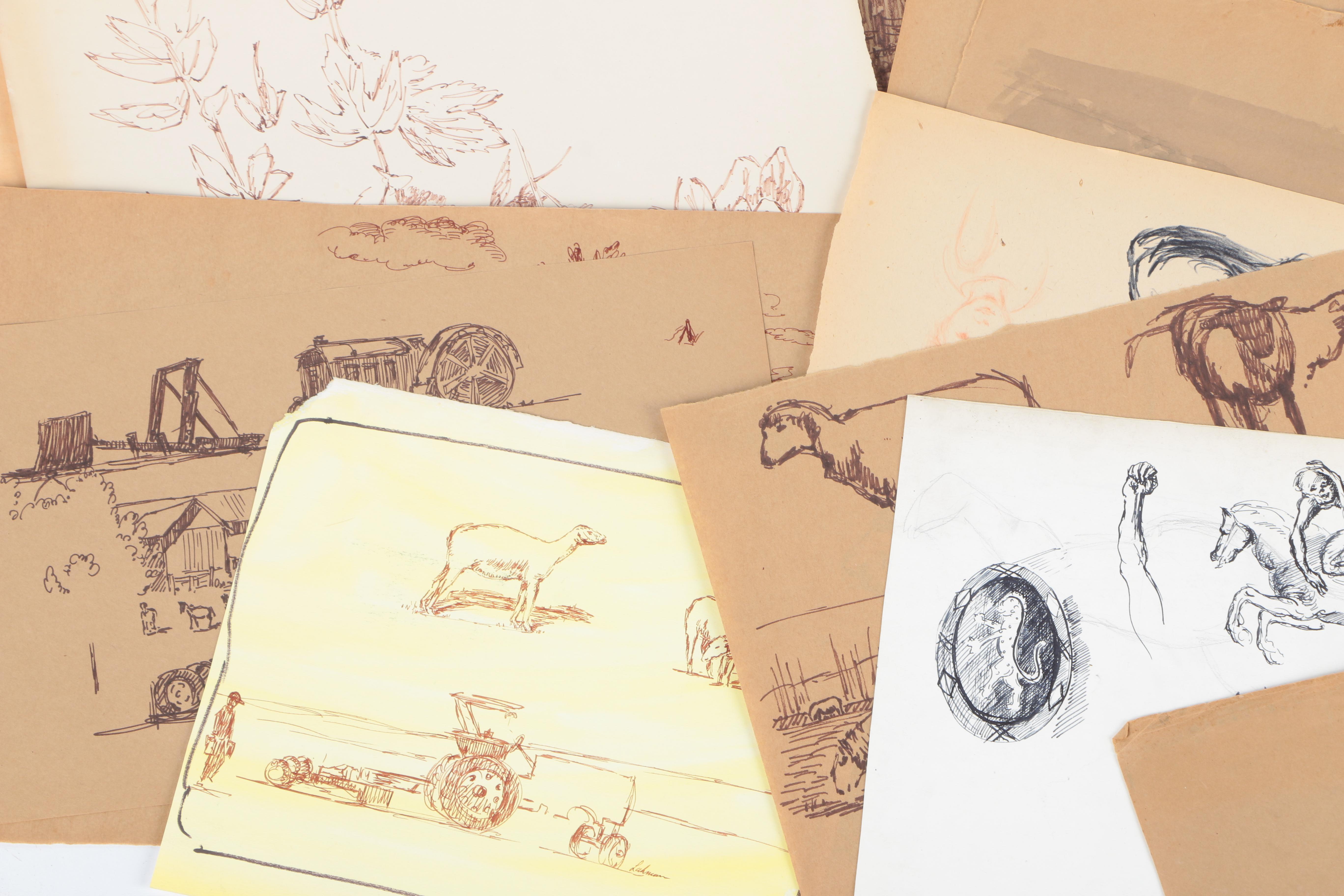 Robert Lahmann Ink and Crayon Loose Drawings of Pastoral Scenes