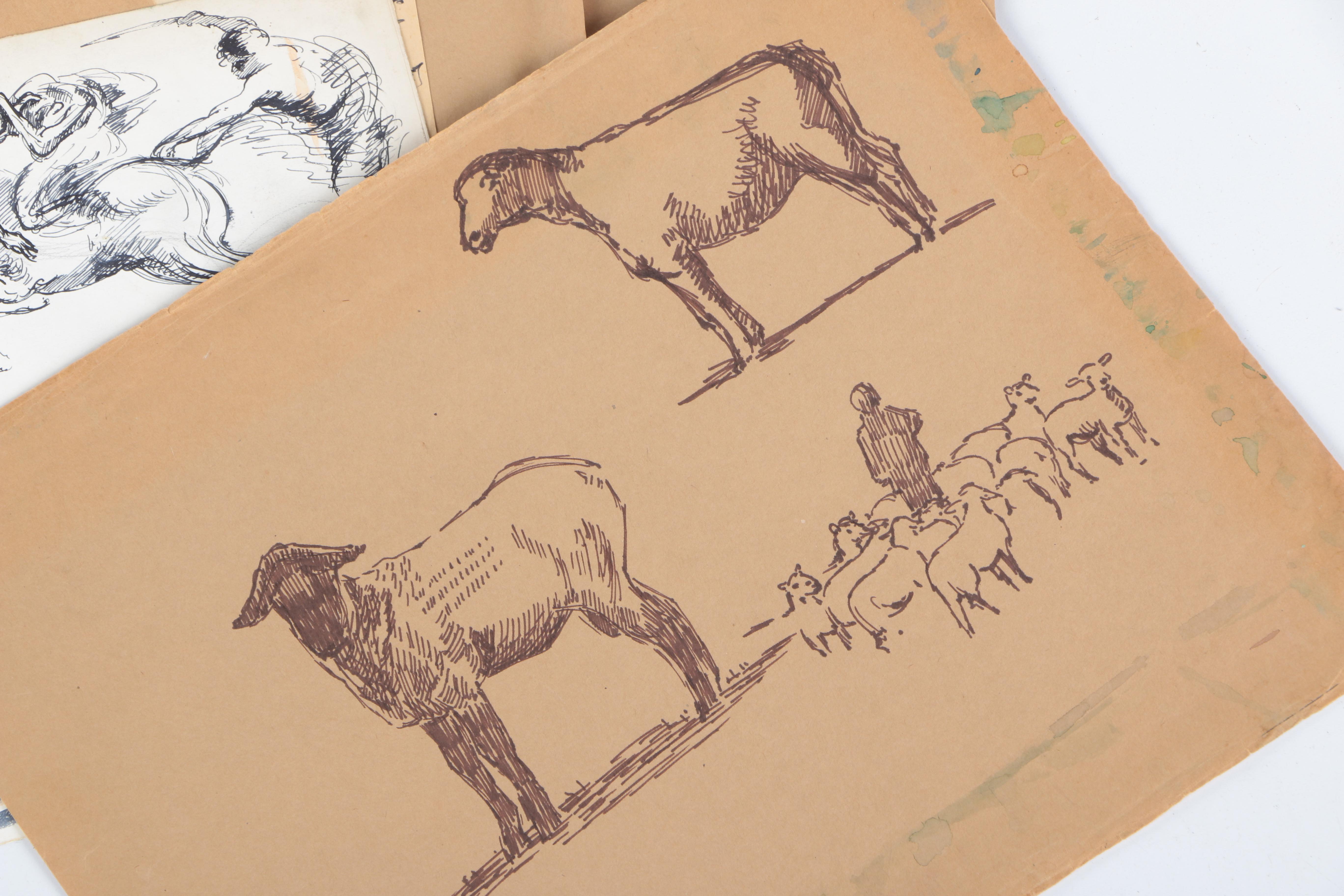 Robert Lahmann Ink and Crayon Loose Drawings of Pastoral Scenes