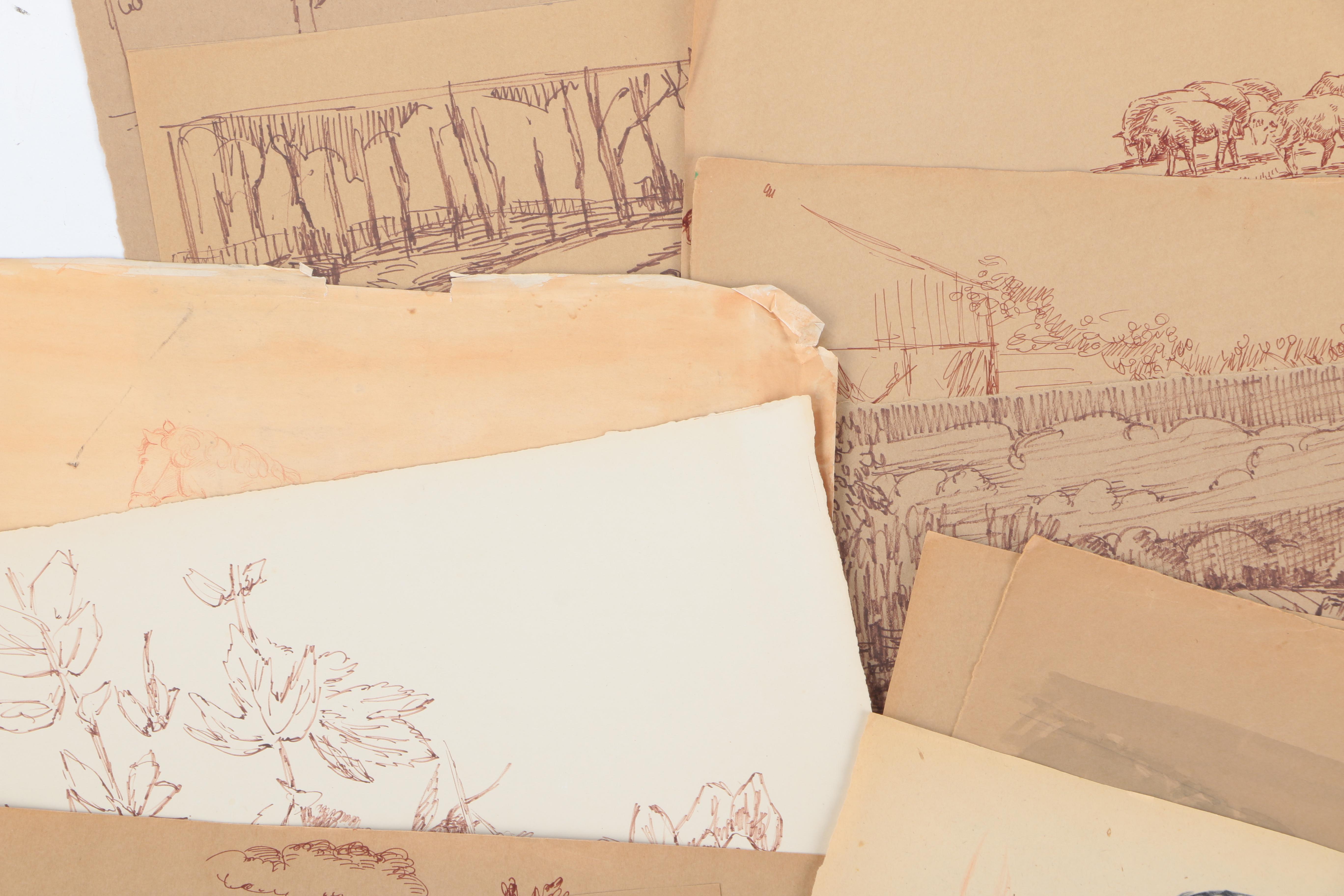 Robert Lahmann Ink and Crayon Loose Drawings of Pastoral Scenes