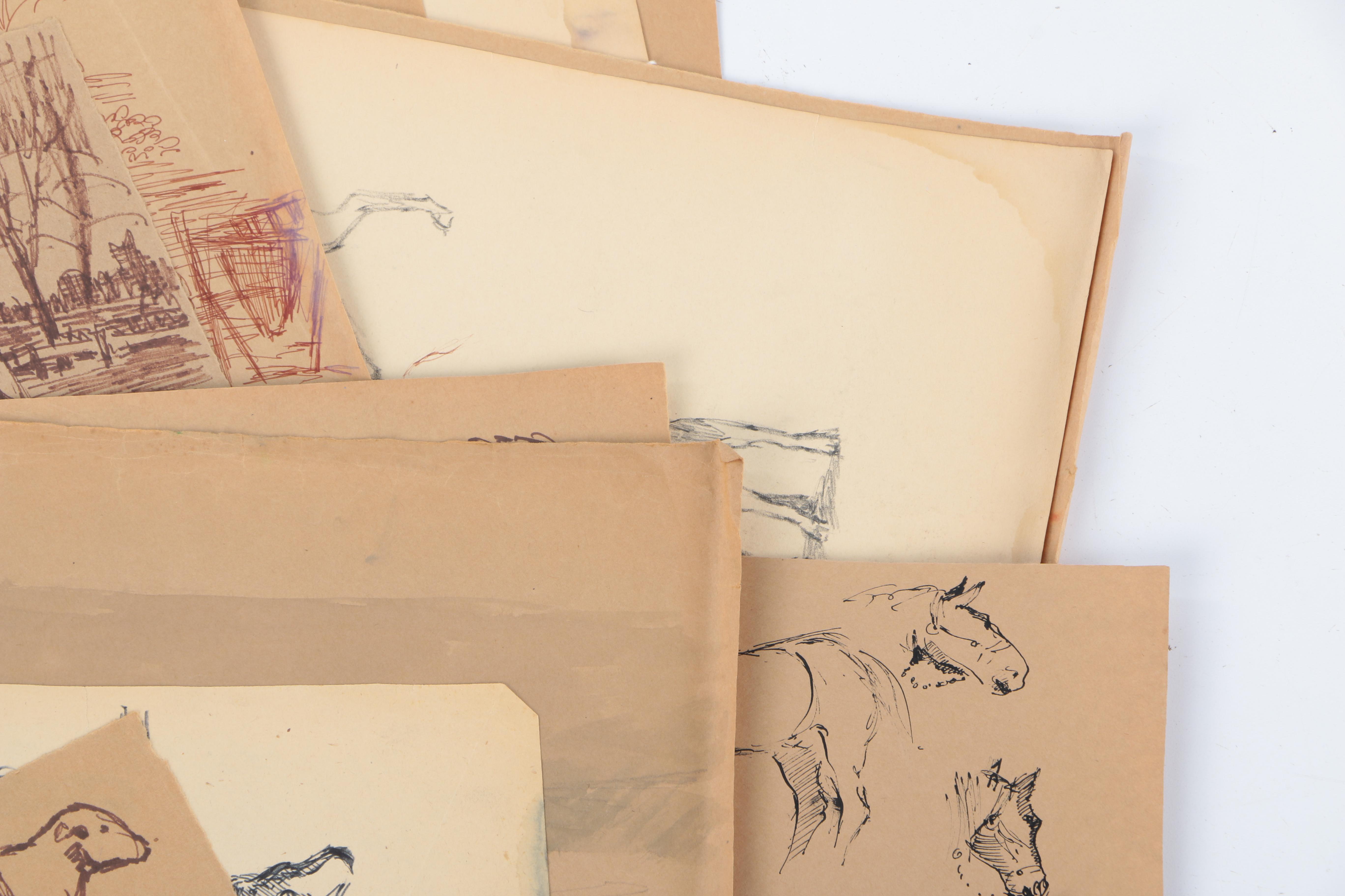 Robert Lahmann Ink and Crayon Loose Drawings of Pastoral Scenes