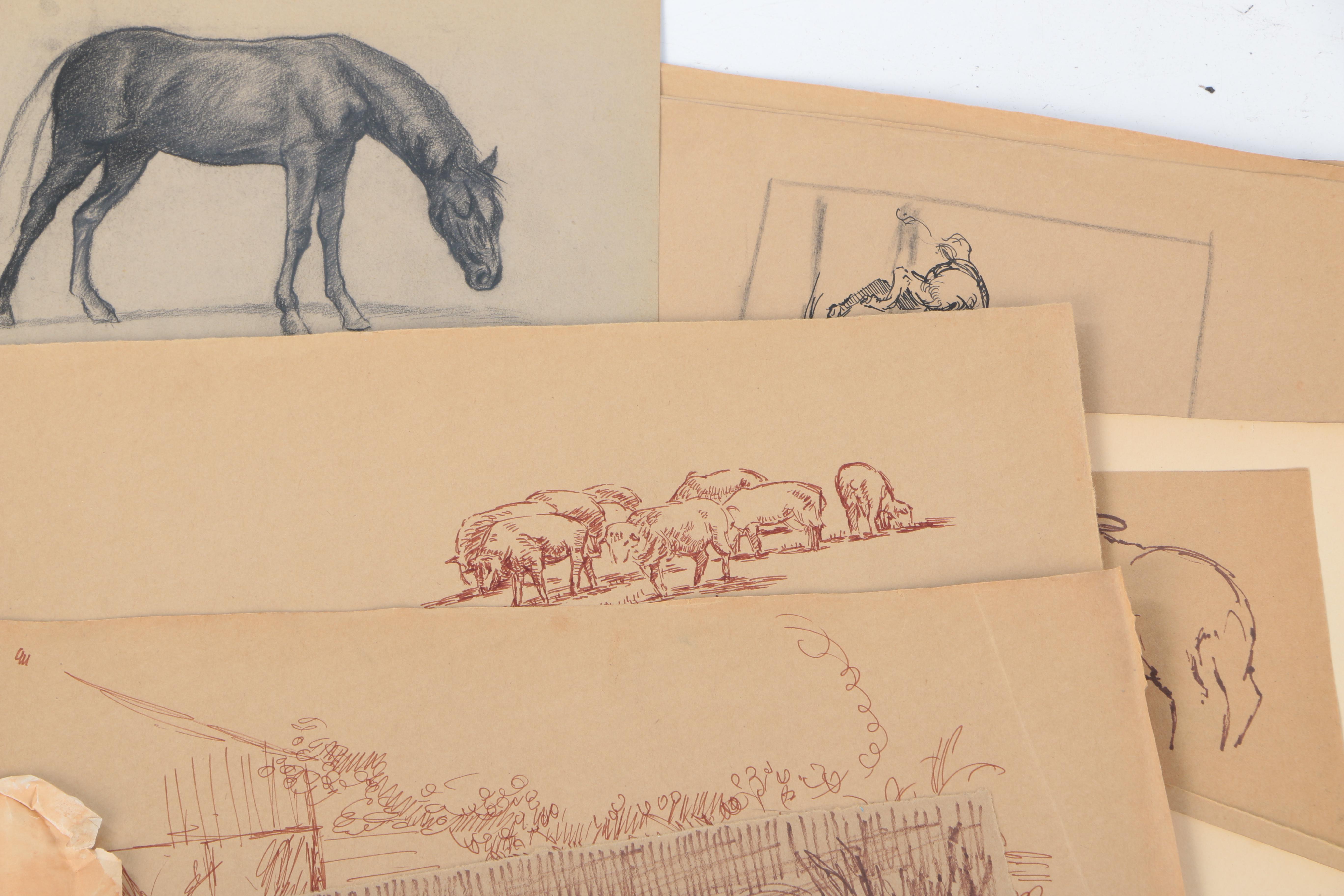 Robert Lahmann Ink and Crayon Loose Drawings of Pastoral Scenes