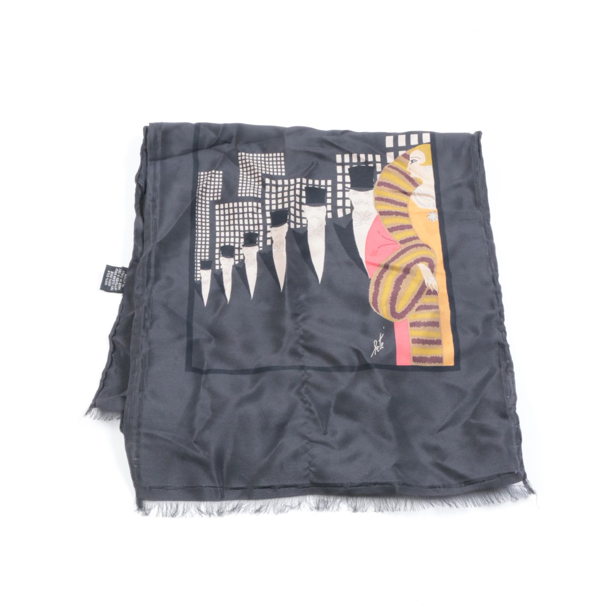 Vintage Erté Art Deco "Top Hats" Fashion Silk Scarf