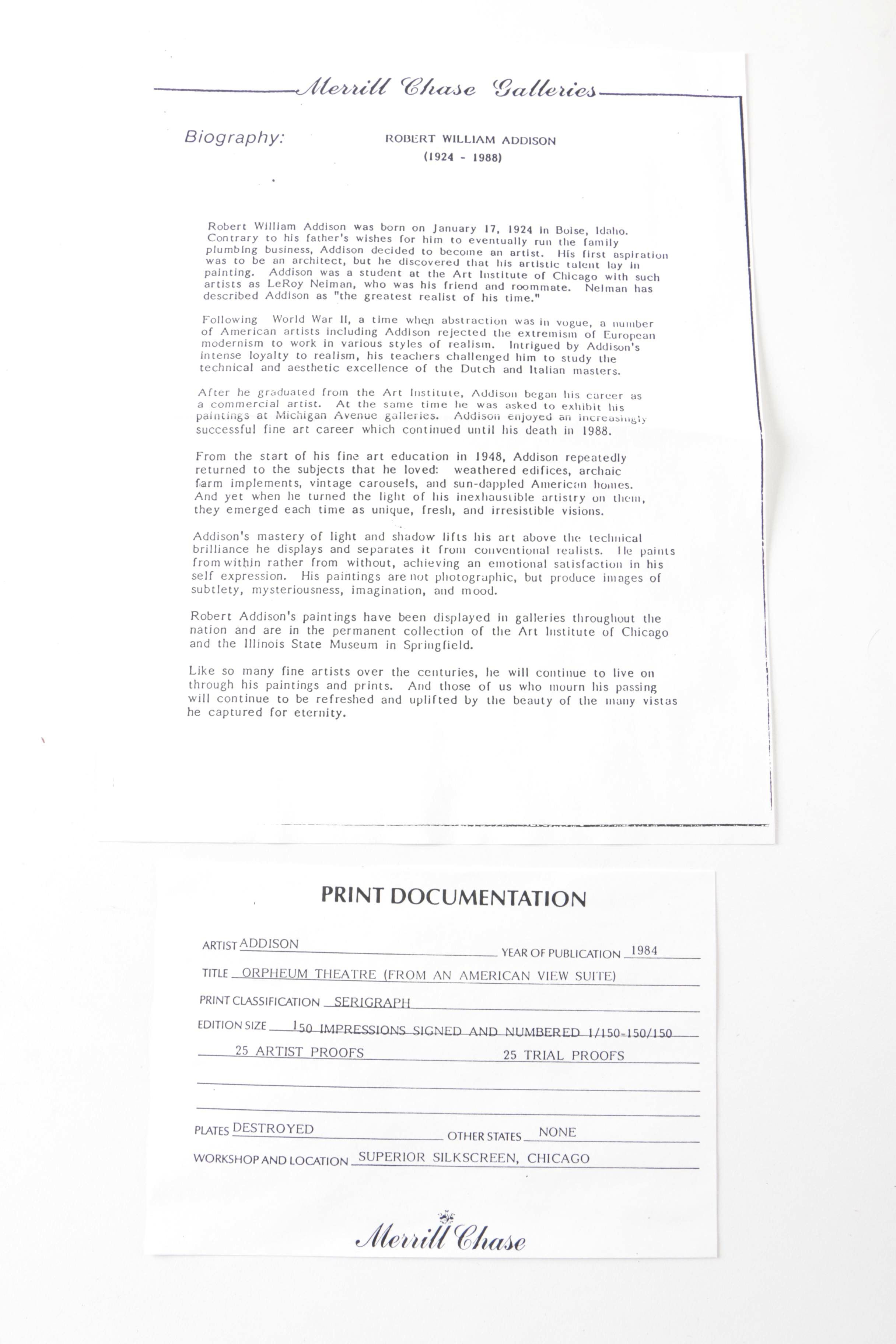 Robert M. Addison Limited Edition Serigraph on Paper "Orpheum Theatre"