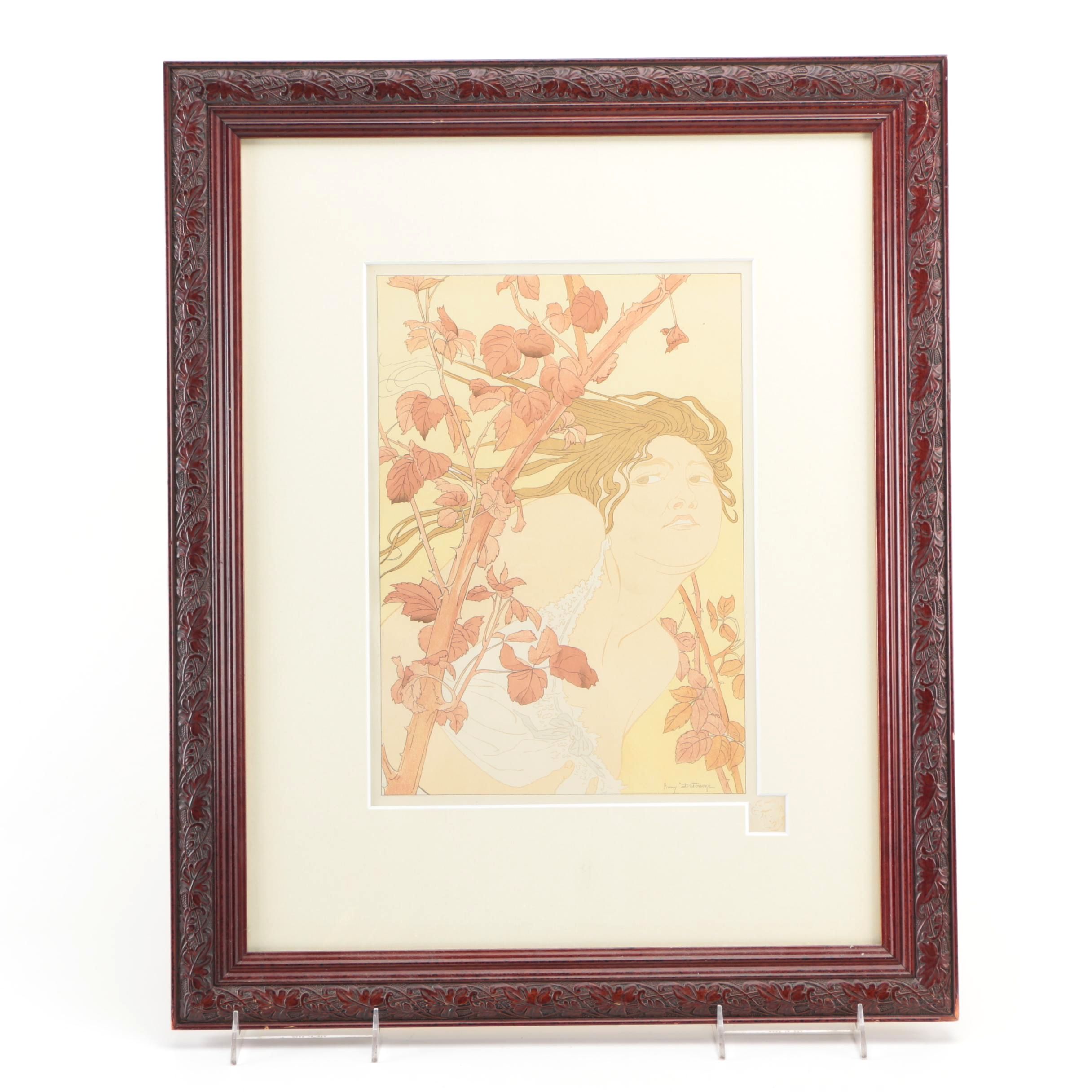 Henry Detouche Stone Lithograph "Dans Les Ronces"