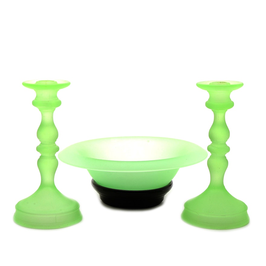 Green Vaseline Glass Bowl and Candlesticks