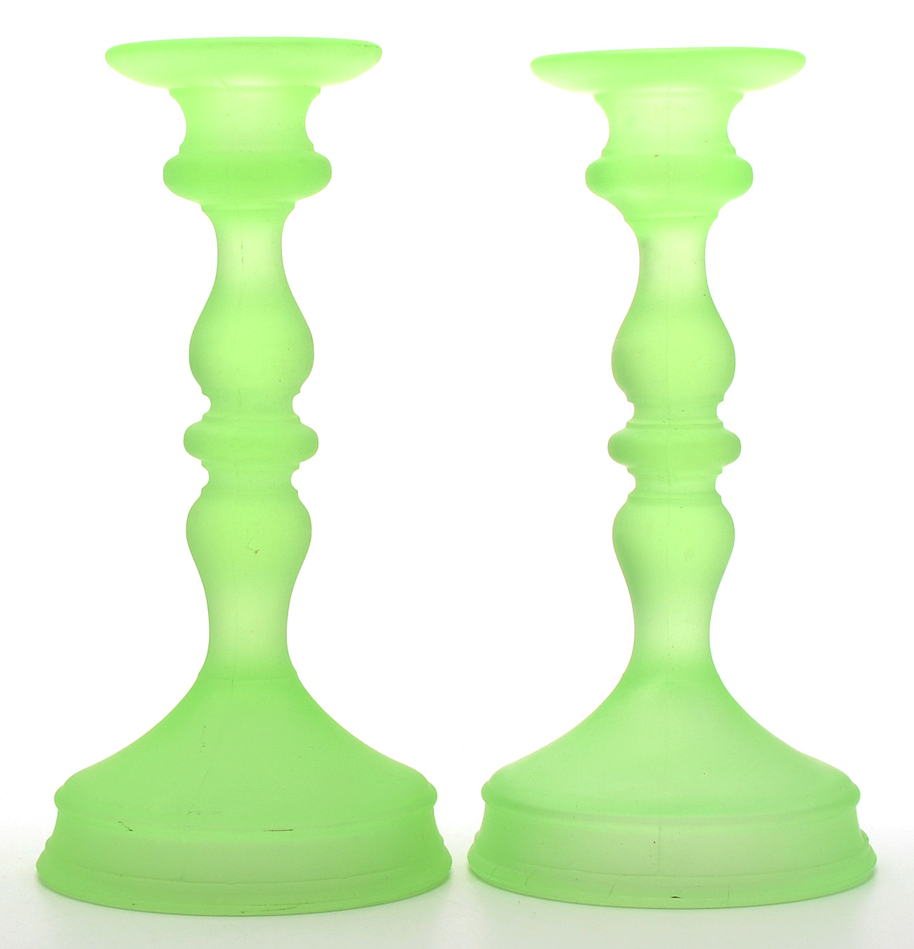 Green Vaseline Glass Bowl and Candlesticks