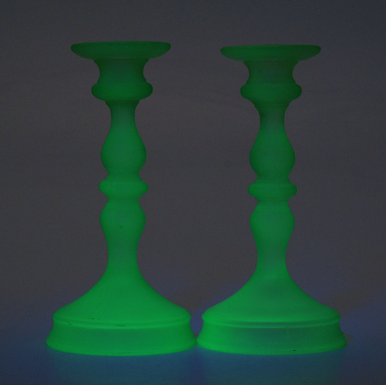 Green Vaseline Glass Bowl and Candlesticks
