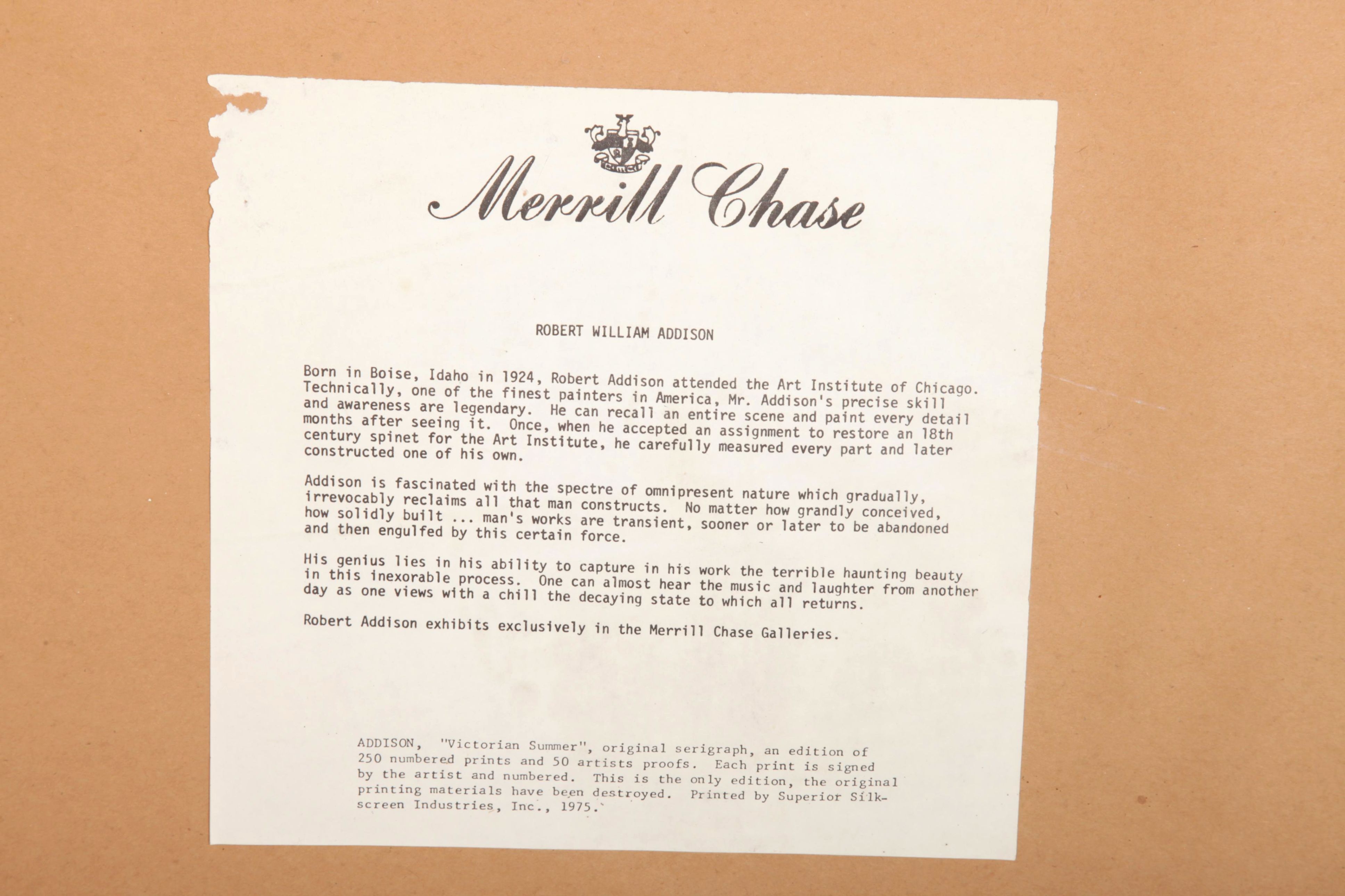 Robert W. Addison Artist's Proof Serigraph "Victorian Summer"