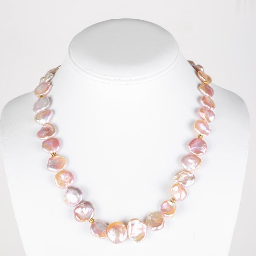 18K Yellow Gold and Freshwater Pink Pearl Necklace