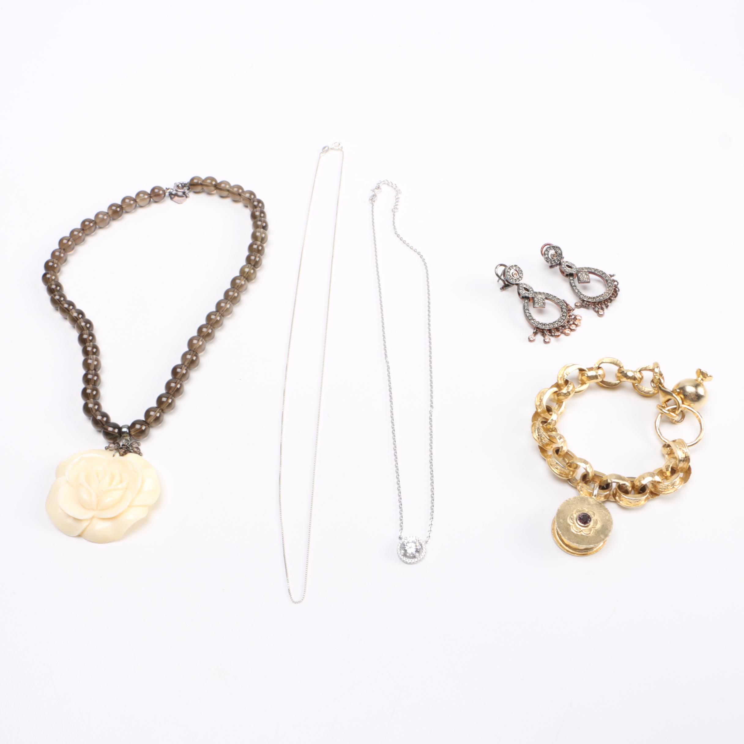 Sterling Silver Jewelry Assortment Including a Kalan Smoky Quartz Necklace