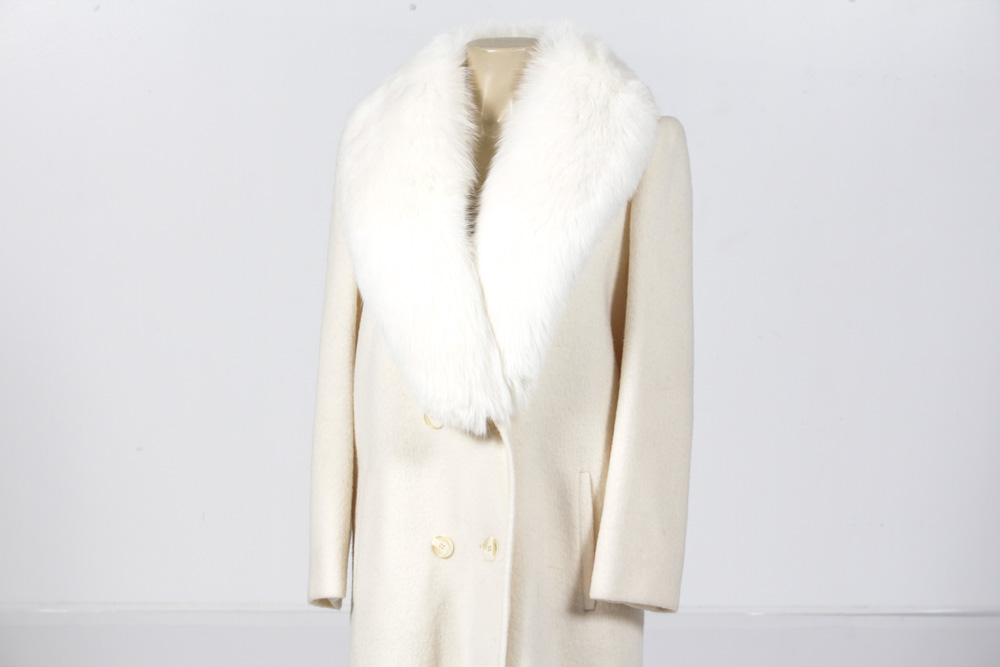 Women's Wool Coat With White Rabbit Collar