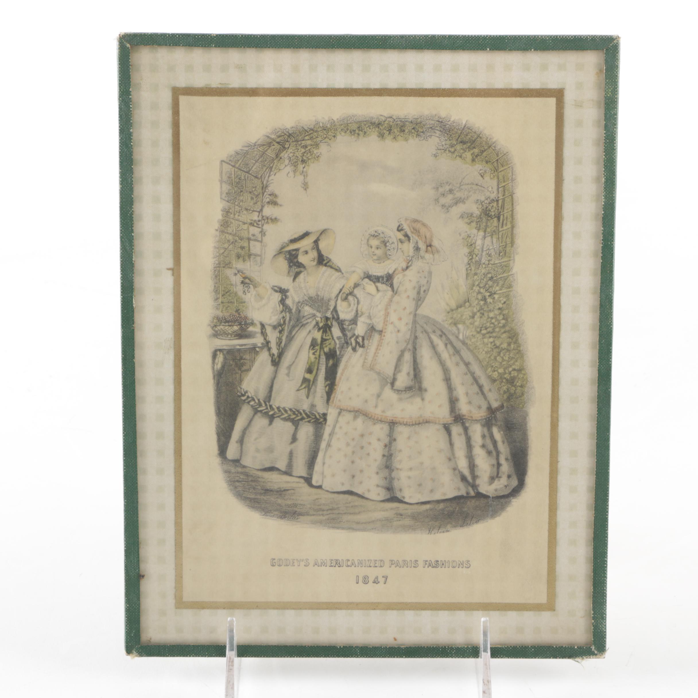 Antique Hand Colored Wood Engraving on Paper "Godey's Americanized Paris Fashions"