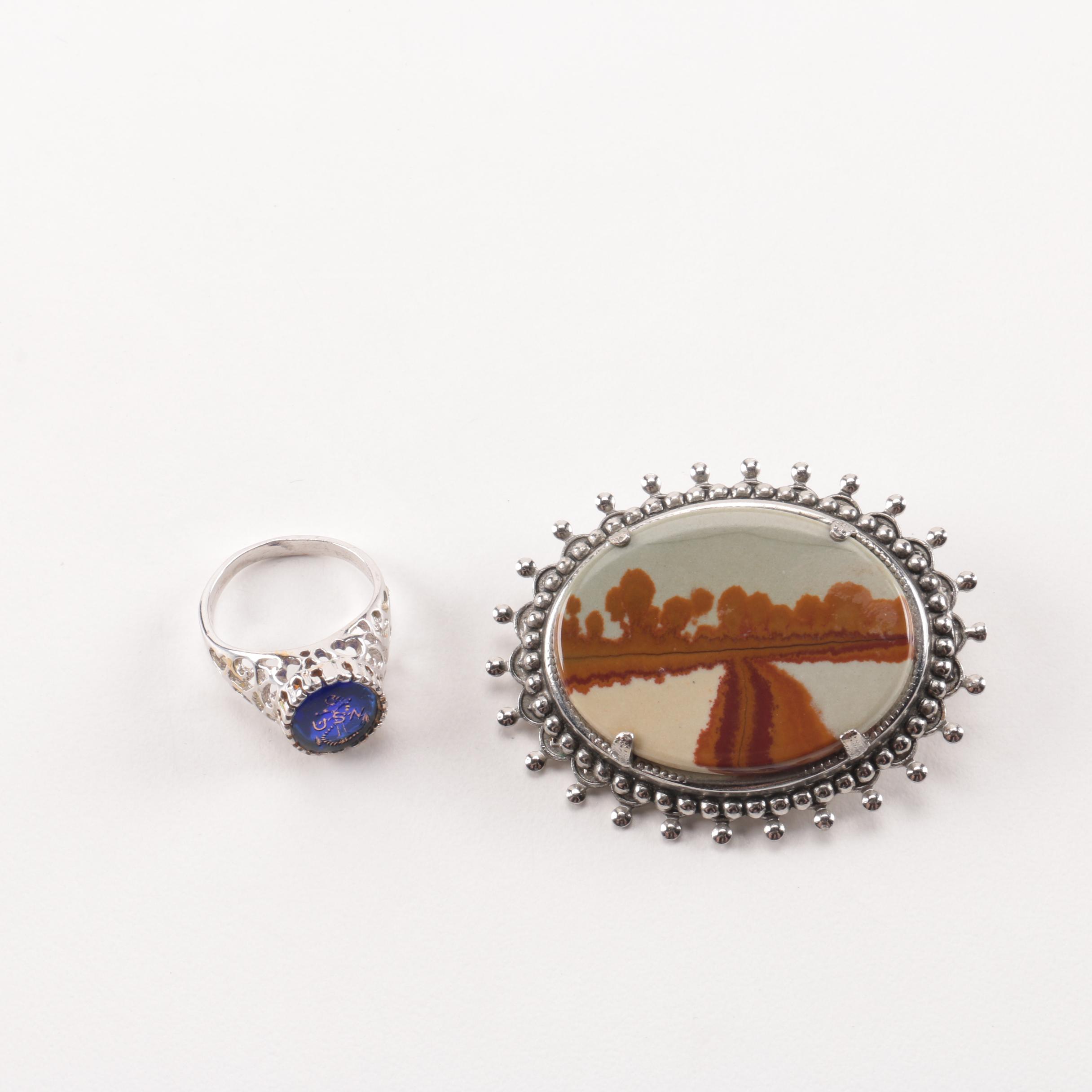 Silver Tone Brooch and Ring