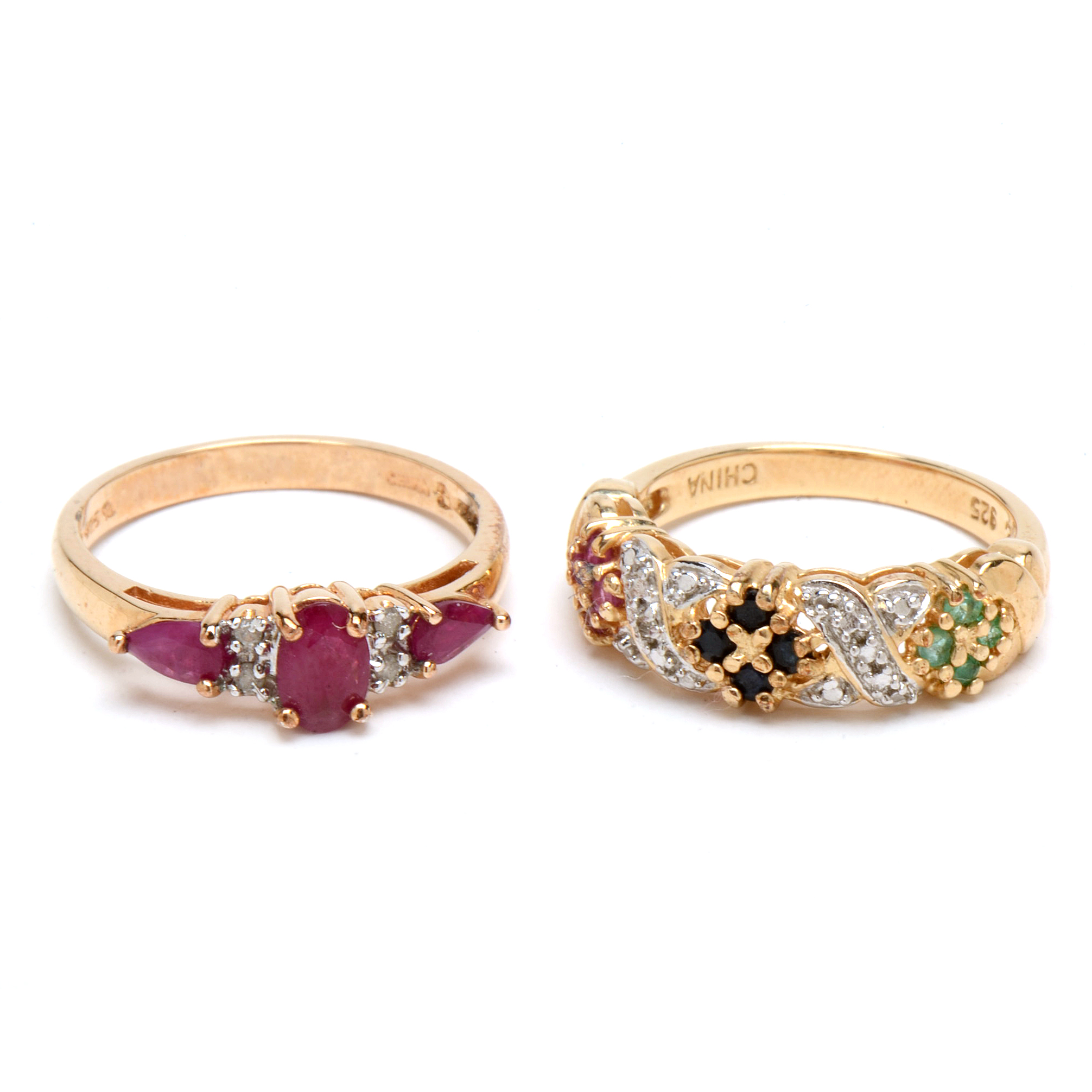 Gold Wash Sterling Silver Sapphire, Ruby, Emerald, Diamond Rings