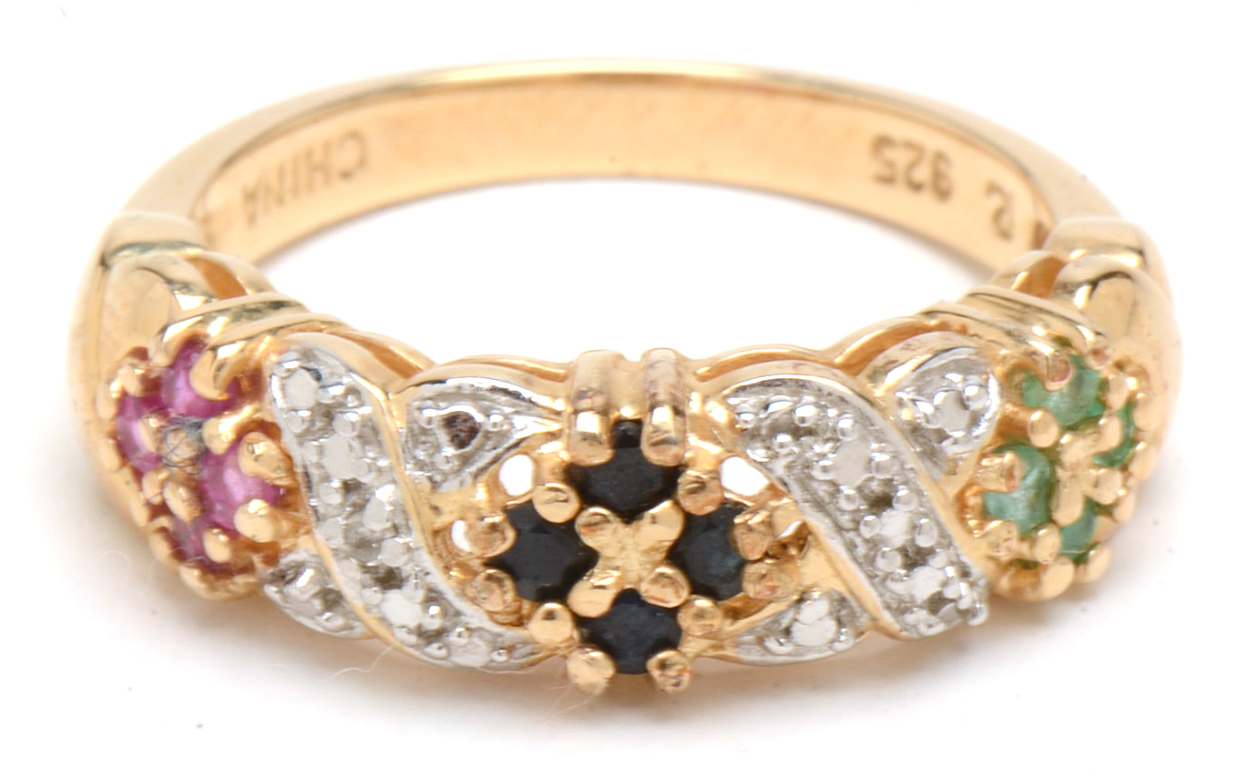 Gold Wash Sterling Silver Sapphire, Ruby, Emerald, Diamond Rings